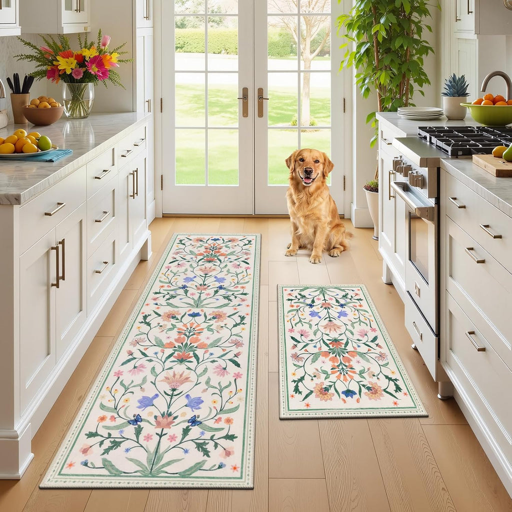 Ileading Kitchen Mat Sets 2 Piece,Plant Florals Rugs for Kitchen Floor,Stain Resistant Standing Mats with Non Slip Rubber Backing,Waterproof Runner Rugs for Laundry,Doormat,Entryway(Beige Florals)