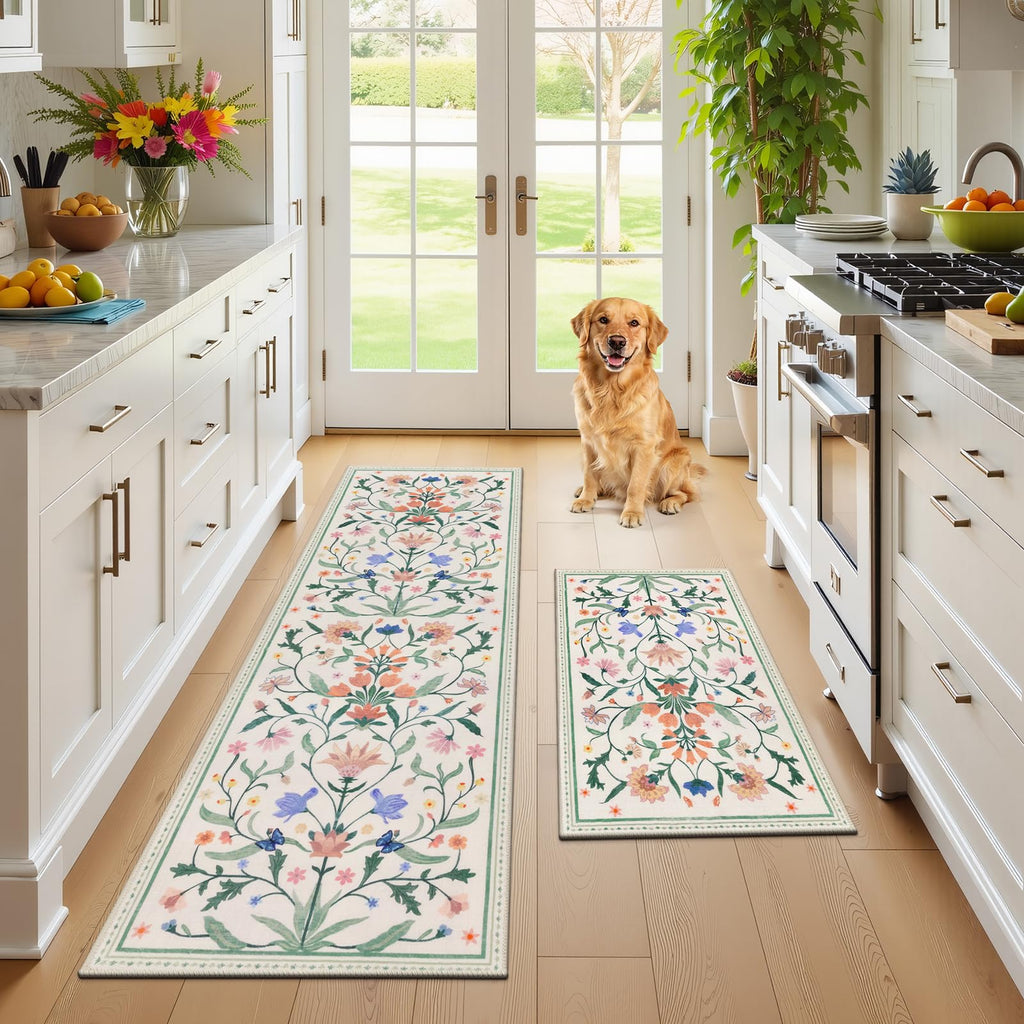 Ileading Kitchen Mat Sets 2 Piece,Plant Florals Rugs for Kitchen Floor,Stain Resistant Standing Mats with Non Slip Rubber Backing,Waterproof Runner Rugs for Laundry,Doormat,Entryway(Beige Florals)