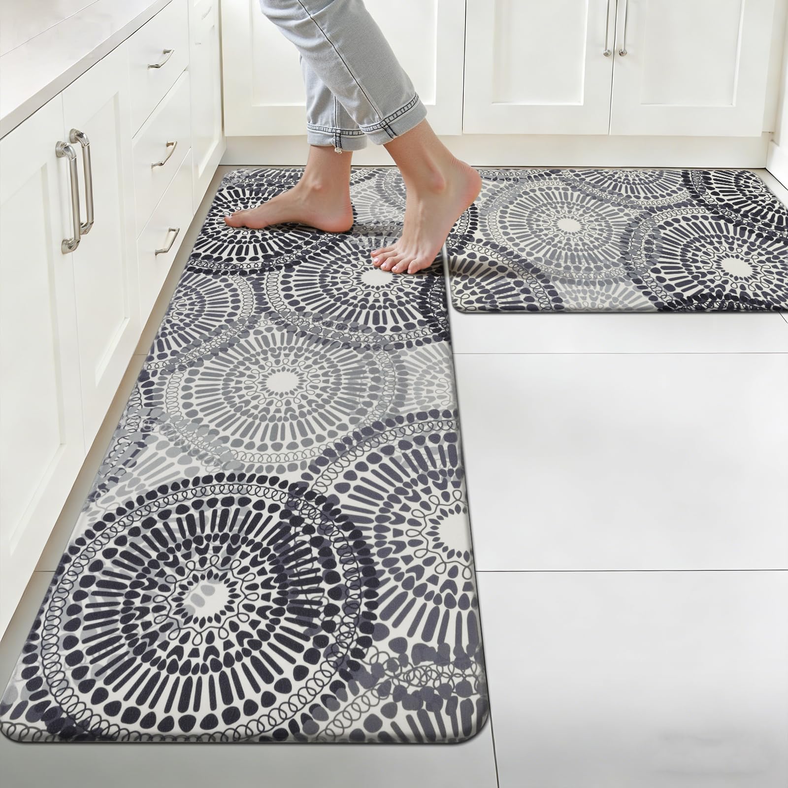 HEBE Anti Fatigue Kitchen Rugs Sets of 2, Non Slip Kitchen Mats for Floor, Waterproof Cushioned Comfort Standing Carpet for Kitchen Sink, Home Office, Laundry Room, Gray