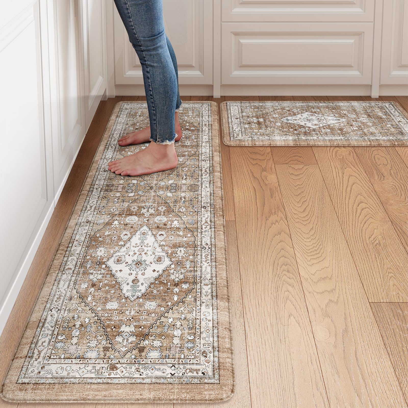 Collive Boho Kitchen Mats 2PCS, Cushioned Kitchen Mat for Floor Anti Fatigue Waterproof Kitchens Rugs Set of 2, Non Skid Comfort Standing Rug for Office, Sink, Laundry, 17.3"x29"+17.3"x47"