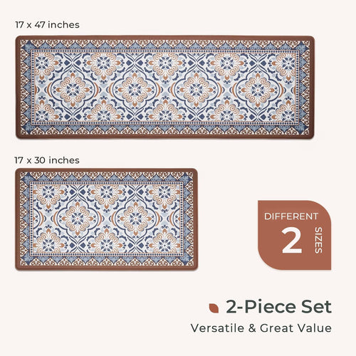2-Piece Moroccan Tile Anti-Fatigue Kitchen Mat Set, Waterproof Non-Skid Washable Floor Rug 17"×30"+17"×47"
