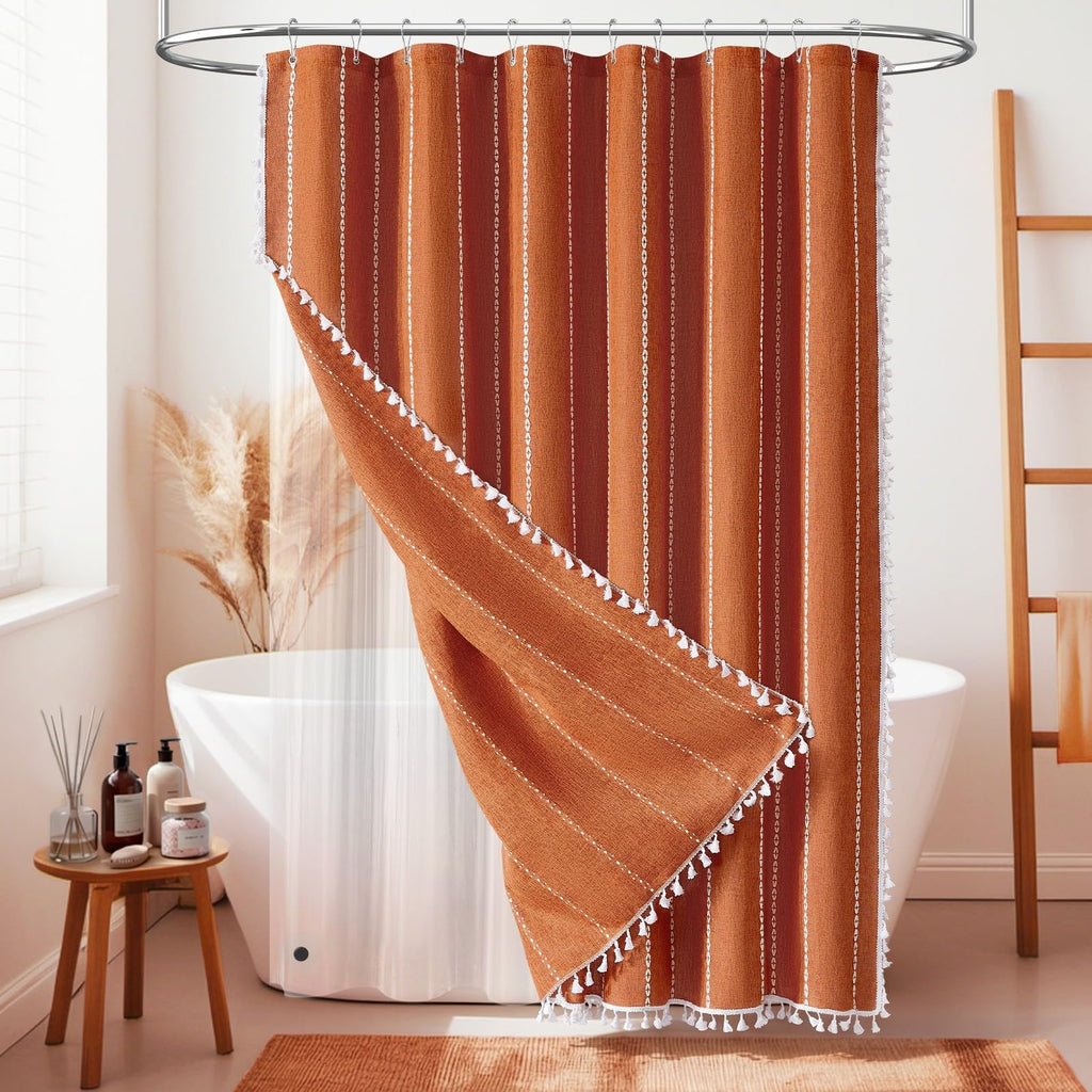 BTTN Boho Farmhouse Shower Curtain, Linen Rustic Weighted Striped Cloth Shower Curtain Set with Tassel, Water Repellent, Bohemian Vintage Country Fabric Shower Curtain for Bathroom, Cream/Beige, 72x72