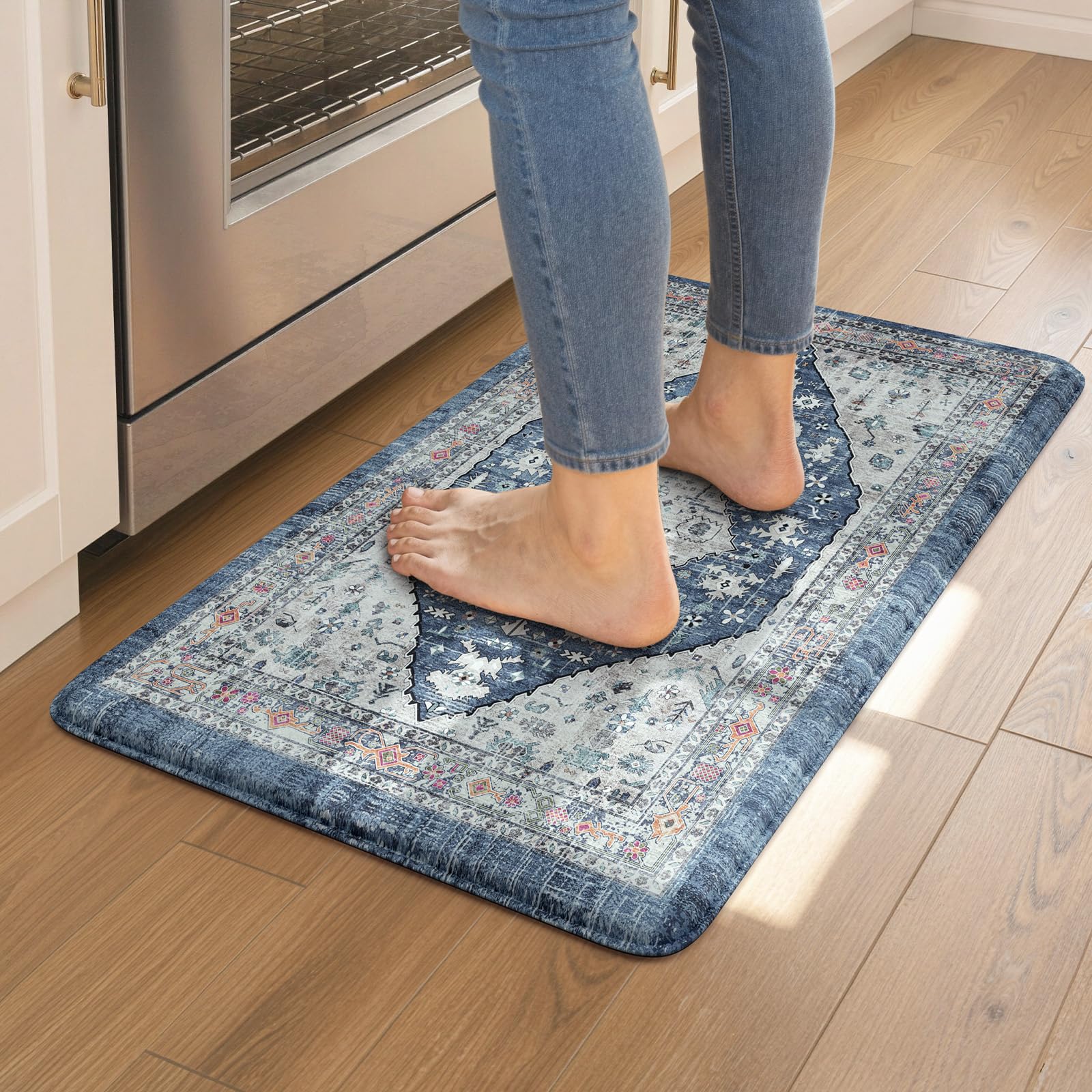 Collive Boho Kitchen Mats 2PCS, Cushioned Kitchen Mat for Floor Anti Fatigue Waterproof Kitchens Rugs Set of 2, Non Skid Comfort Standing Rug for Office, Sink, Laundry, 17.3"x29"+17.3"x47"