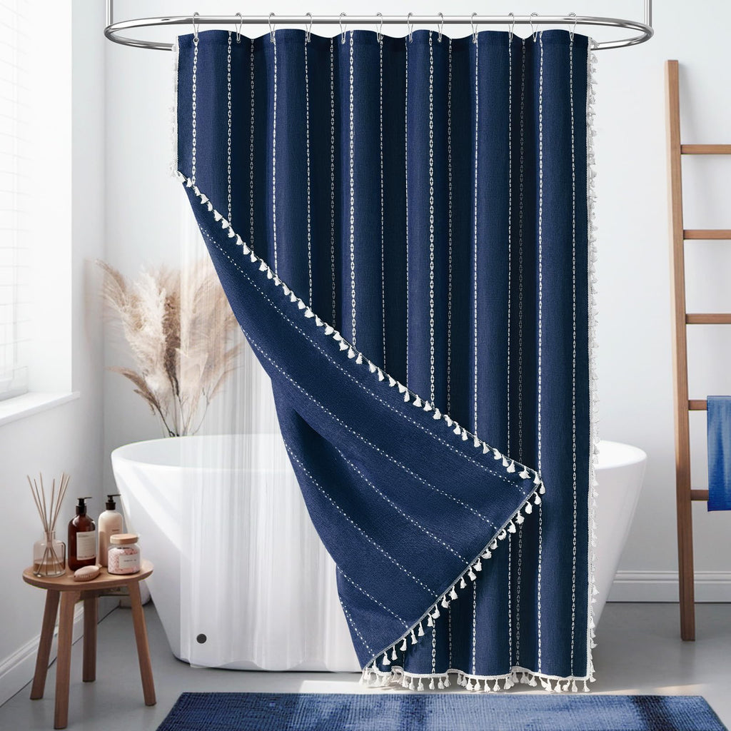BTTN Boho Farmhouse Shower Curtain, Linen Rustic Weighted Striped Cloth Shower Curtain Set with Tassel, Water Repellent, Bohemian Vintage Country Fabric Shower Curtain for Bathroom, Cream/Beige, 72x72