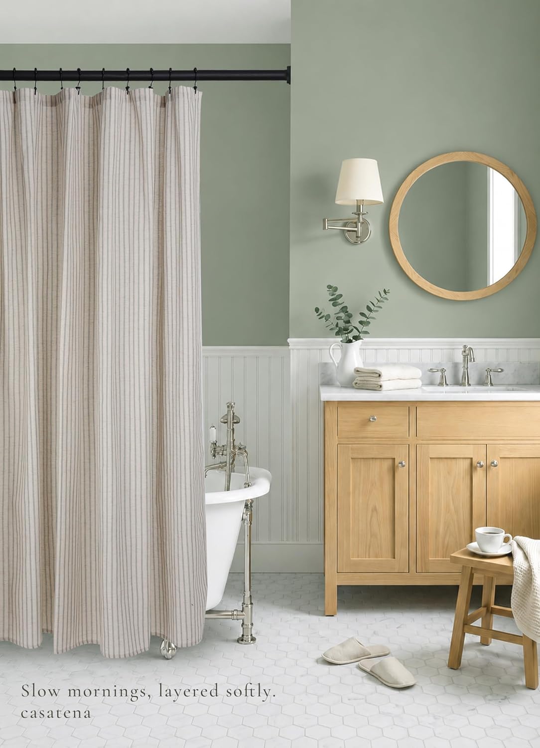 Farmhouse Striped Shower Curtain - 72x72 Inches, Linen Blend Fabric, Breathable & Machine Washable, Rustic Sage for Bathroom Decor (Hooks/Liner Not Included)