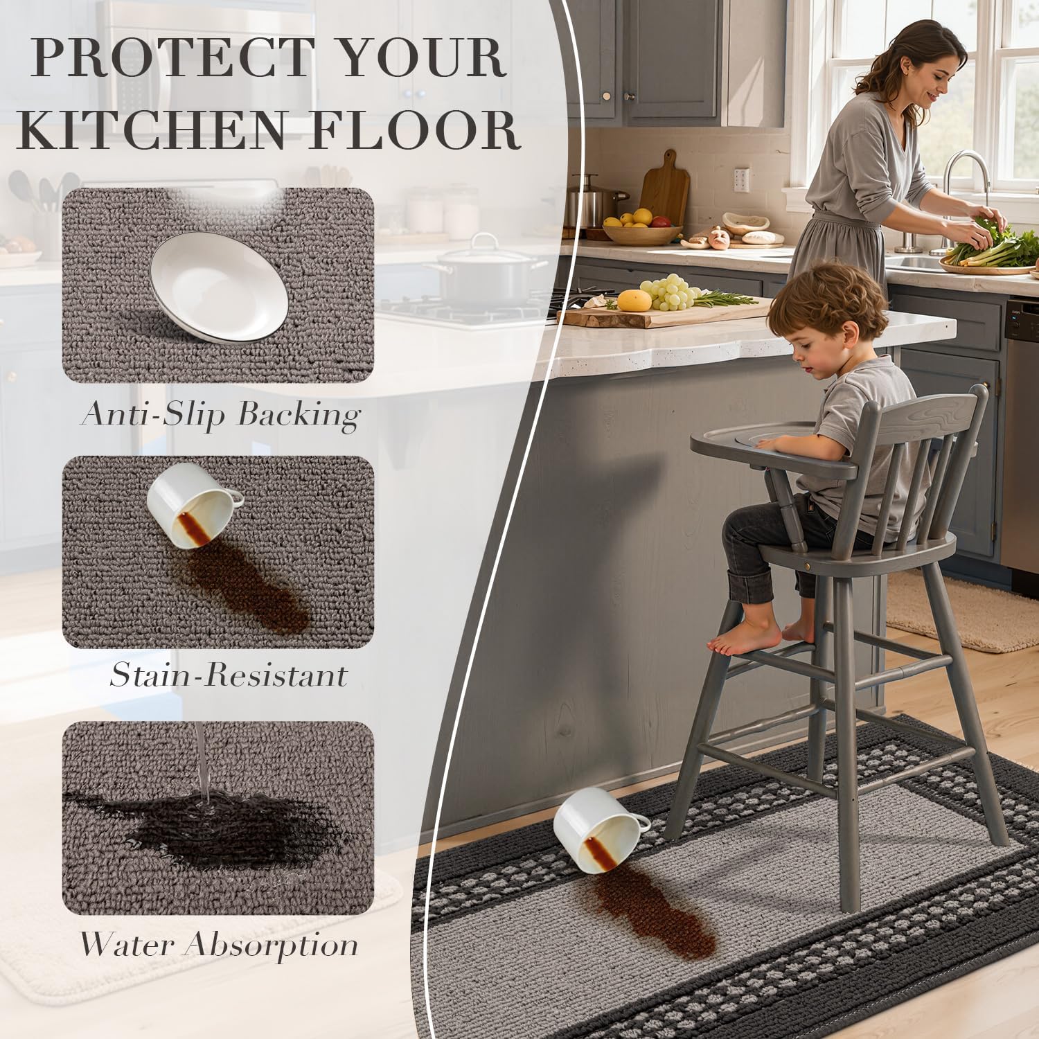 hicorfe Kitchen Runner Rugs,Set of 2 Non Slip Kitchen Mats for Floor,Vintage Stain Resistant Kitchen Mat Floor Carpet for Hallways Entryway Laundry Room Washable(20"x59"+20"x48",Grey)