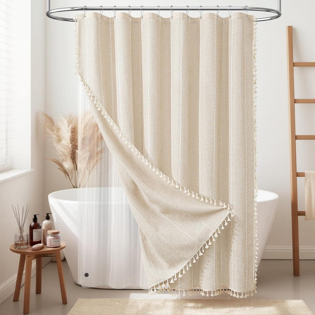BTTN Boho Farmhouse Shower Curtain, Linen Rustic Weighted Striped Cloth Shower Curtain Set with Tassel, Water Repellent, Bohemian Vintage Country Fabric Shower Curtain for Bathroom, Cream/Beige, 72x72