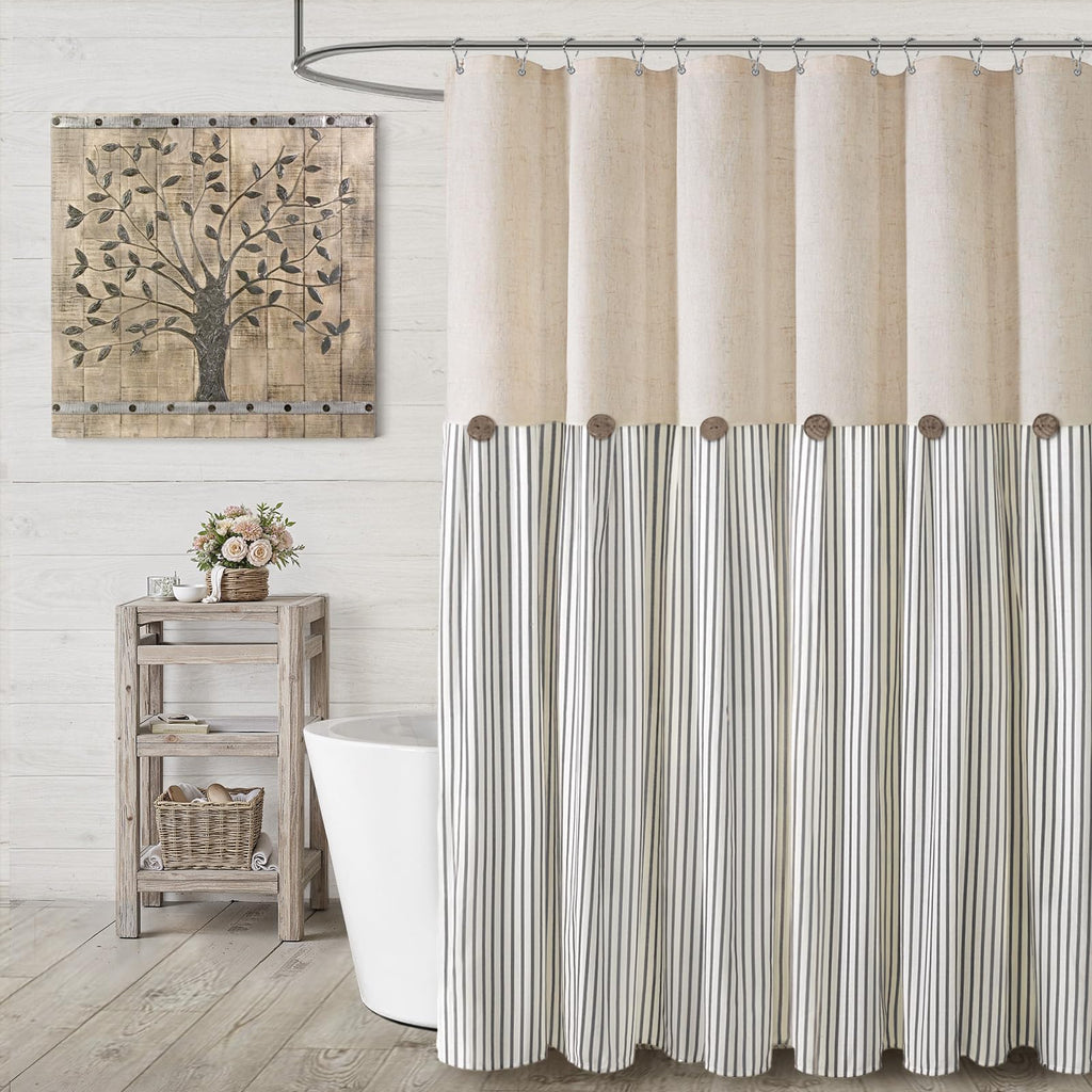 Farmhouse Shower Curtain Linen Beige Button Woven Fabric Country Rustic Western, Pleated Brown Stripe 72" W x 72" L