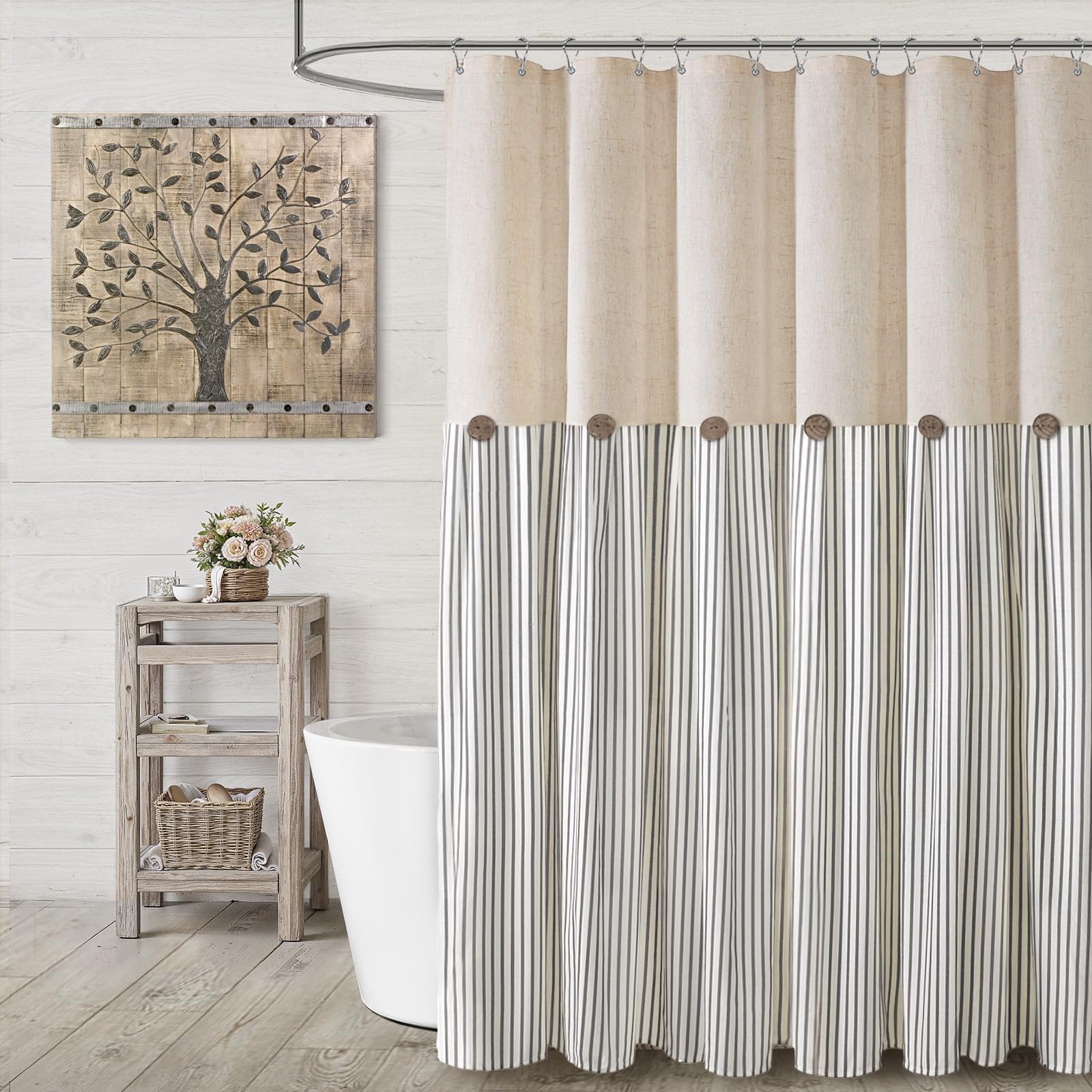 Farmhouse Shower Curtain Linen Beige Button Woven Fabric Country Rustic Western, Pleated Brown Stripe 72" W x 72" L