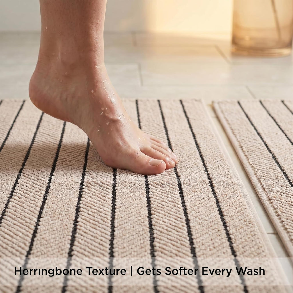 Herringbone Bath Mat Set of 2, Turkish Cotton Tencel Blend, Absorbent Quick Dry, 20x32 Inch, Oeko-TEX Certified, Made in Turkey