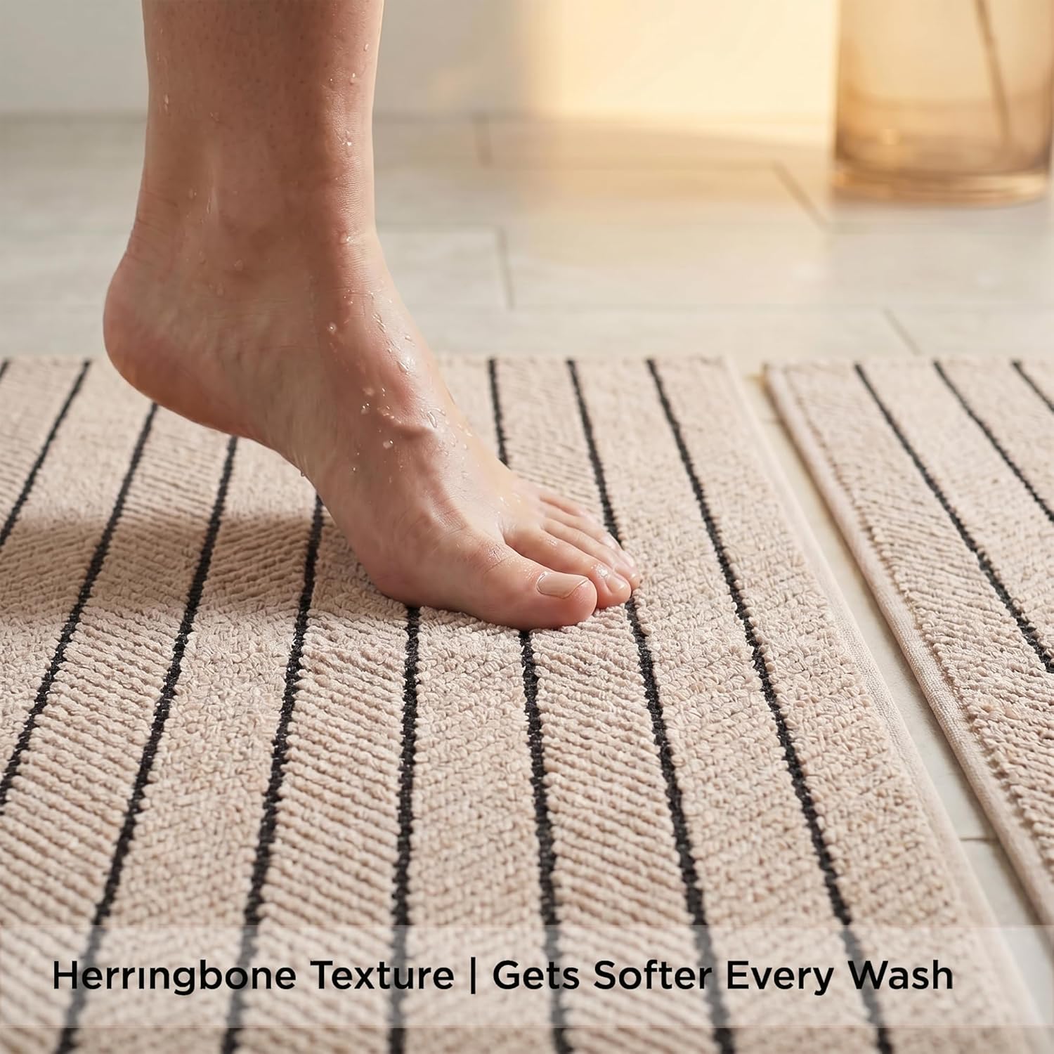 Herringbone Bath Mat Set of 2, Turkish Cotton Tencel Blend, Absorbent Quick Dry, 20x32 Inch, Oeko-TEX Certified, Made in Turkey