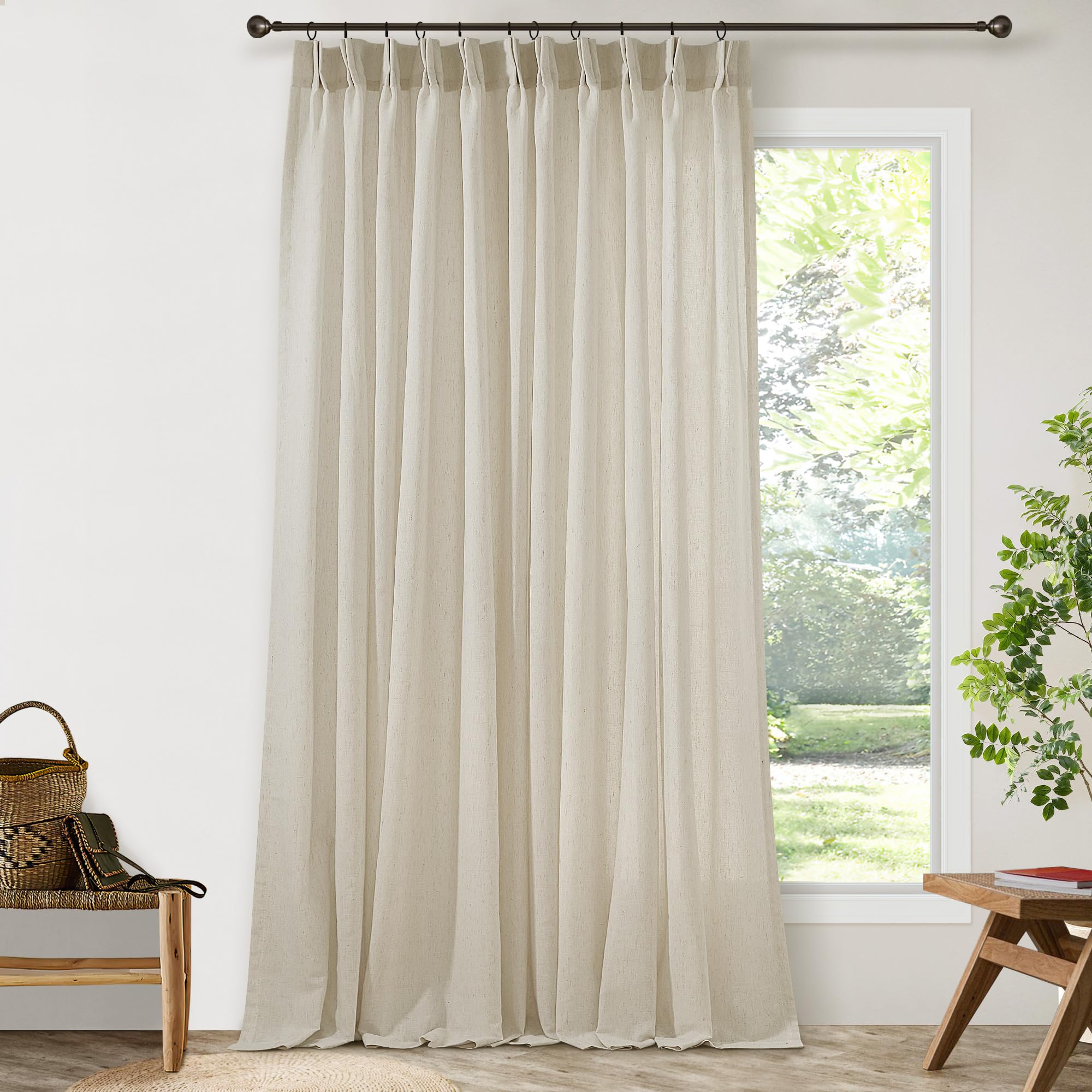 Natural Pinch Pleated Linen Curtains 72 Inches Long 72 Inch Wide for Living Room Bathroom Light Filtering Semi Sheer Shower Bath Curtain 72x72 Boho Neutral Pinch Pleated Drape Hooks Rings 1 Panel