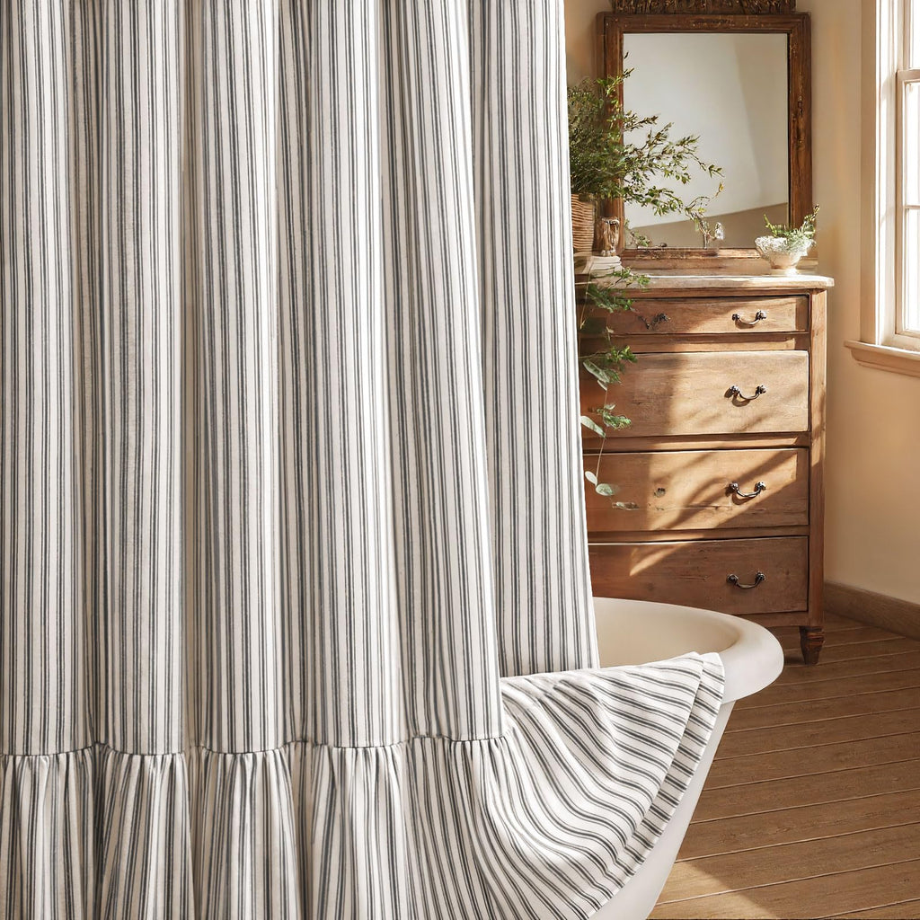 Beige Linen Farmhouse Ruffle Shower Curtain 72"×72", Rustic Boho Country Bathroom Fabric Curtain