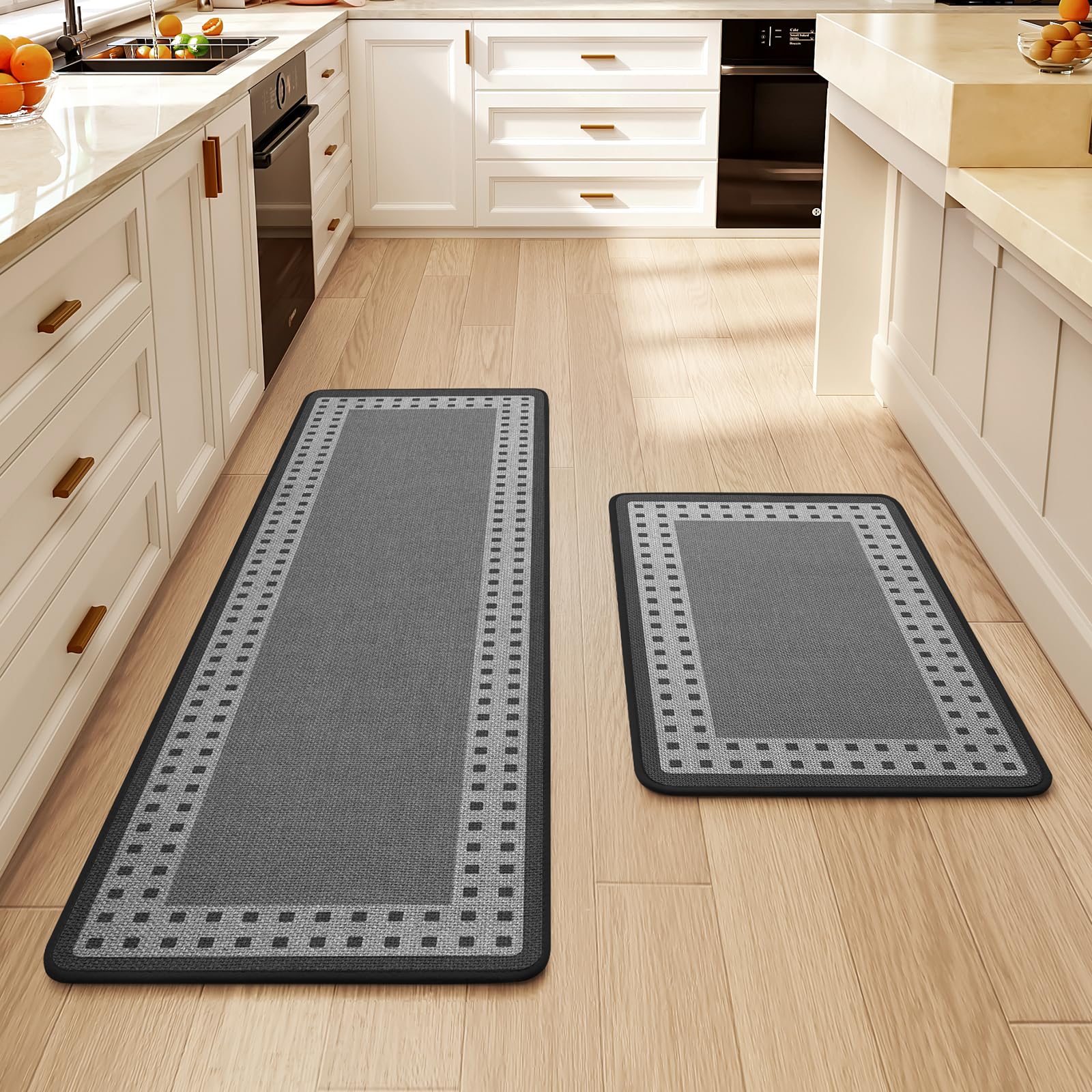Kitchen Rugs Set of 2,Kitchen Mats for Floor, Runner Rugs Non Slip Washable Absorbent Kitchen Floor Mat, Braided Kitchen Sink Rug, 17''x30''+17''x47'' Brown