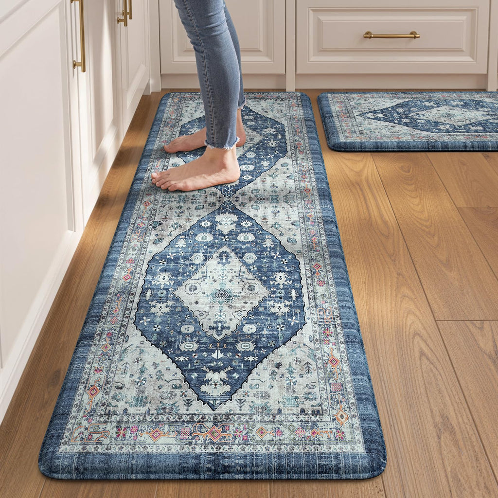 Collive Boho Kitchen Mats 2PCS, Cushioned Kitchen Mat for Floor Anti Fatigue Waterproof Kitchens Rugs Set of 2, Non Skid Comfort Standing Rug for Office, Sink, Laundry, 17.3"x29"+17.3"x47"