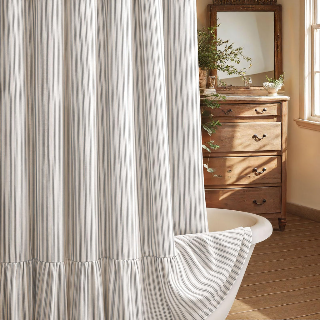 Beige Linen Farmhouse Ruffle Shower Curtain 72"×72", Rustic Boho Country Bathroom Fabric Curtain