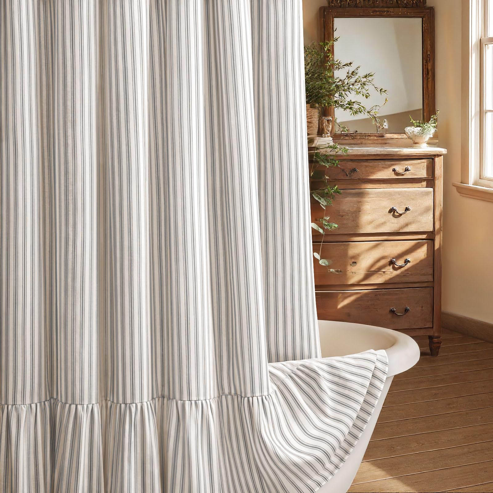 Beige Linen Farmhouse Ruffle Shower Curtain 72"×72", Rustic Boho Country Bathroom Fabric Curtain