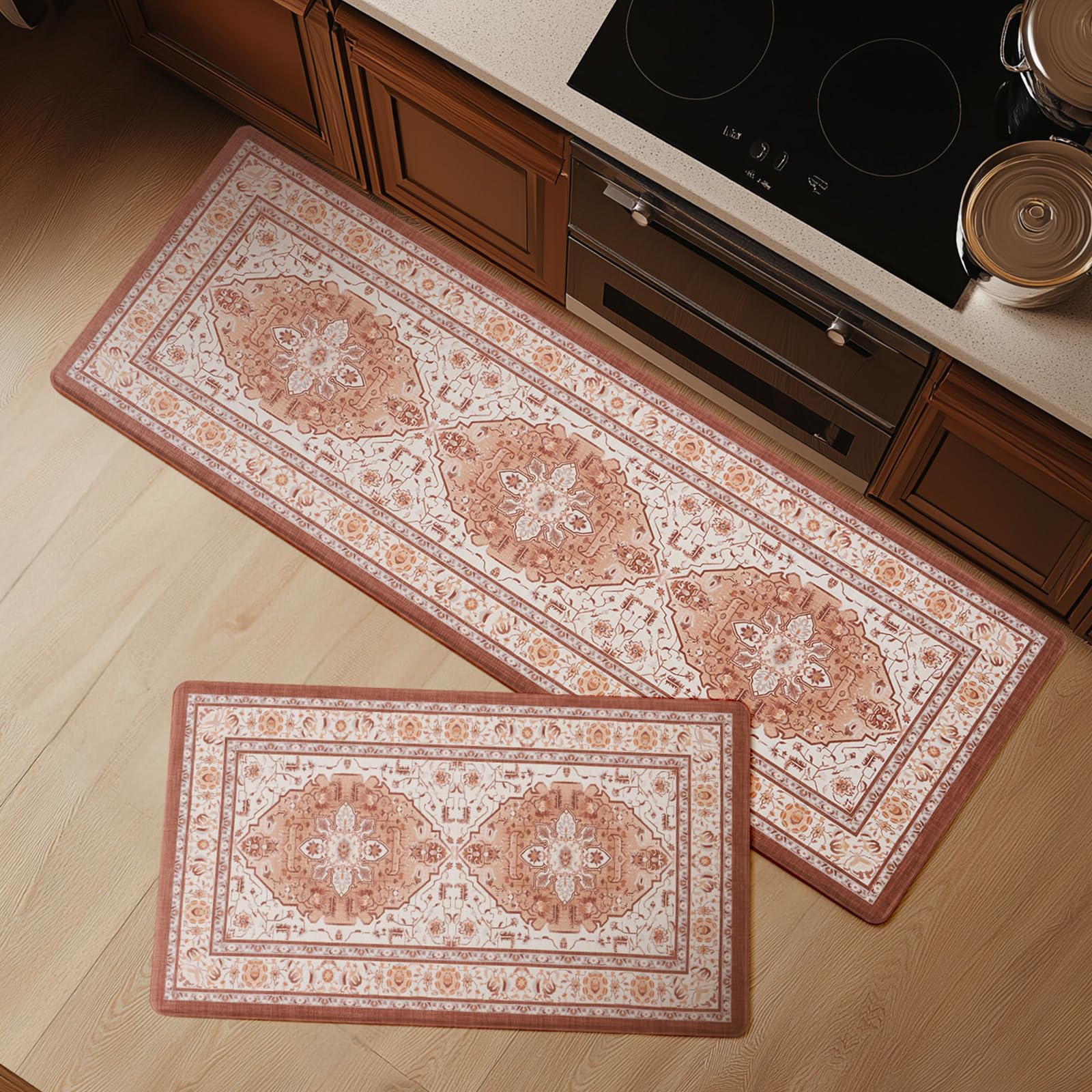 FRESHMINT Anti Fatigue Kitchen Mats for Floor 2 Piece Set, Waterproof & Non-Skid Vintage Floarl Kitchen Rugs, Cushioned Kitchen Mat for Standing Washable Comfort Desk Kitchen Runners, 17x30''+17x47''