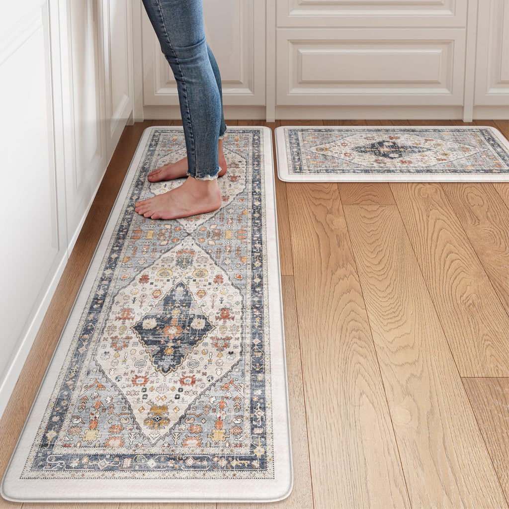 Collive Boho Kitchen Mats 2PCS, Cushioned Kitchen Mat for Floor Anti Fatigue Waterproof Kitchens Rugs Set of 2, Non Skid Comfort Standing Rug for Office, Sink, Laundry, 17.3"x29"+17.3"x47"