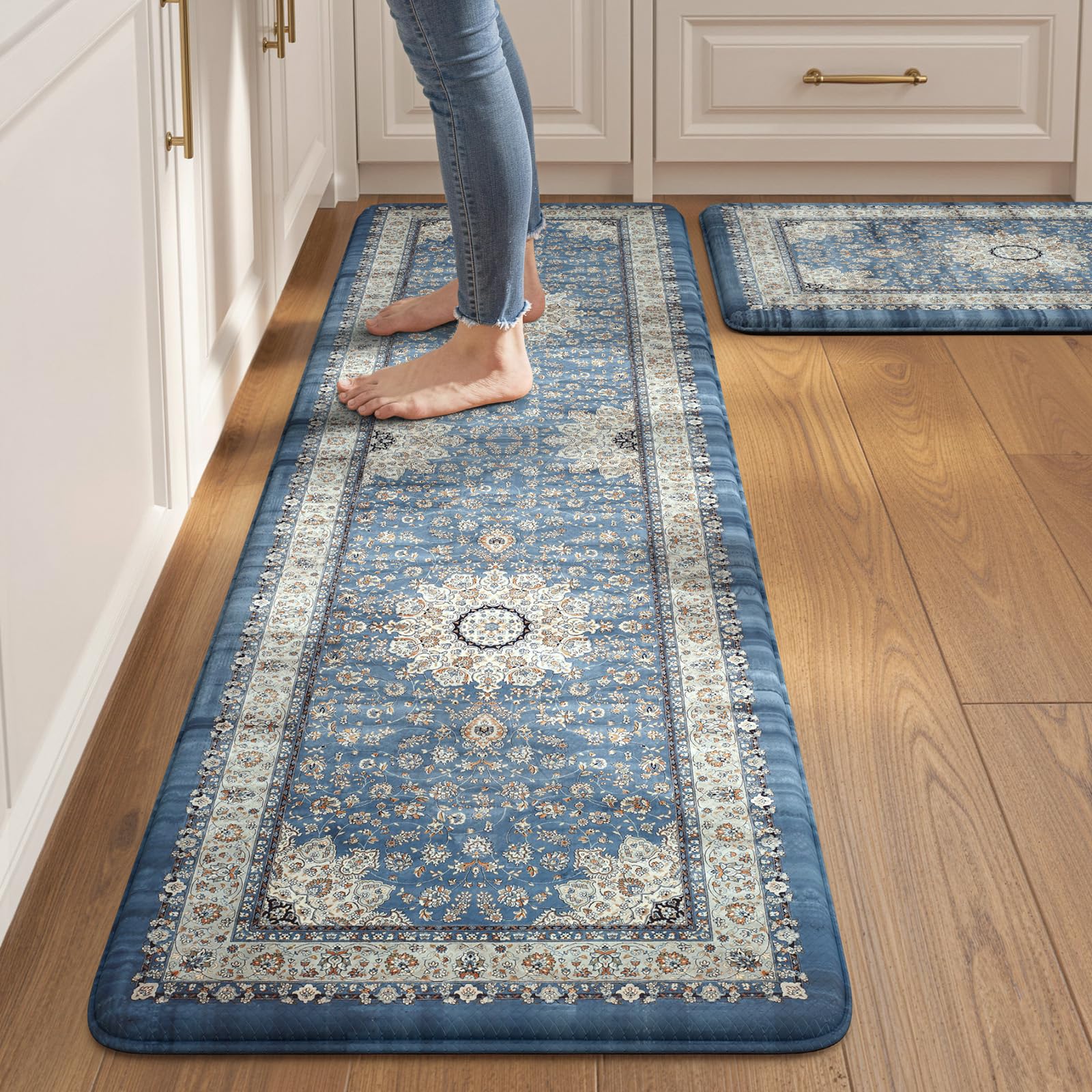 Collive Boho Kitchen Mats 2PCS, Cushioned Kitchen Mat for Floor Anti Fatigue Waterproof Kitchens Rugs Set of 2, Non Skid Comfort Standing Rug for Office, Sink, Laundry, 17.3"x29"+17.3"x47"