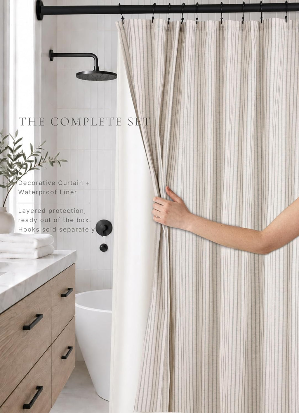 Farmhouse Striped Shower Curtain - 72x72 Inches, Linen Blend Fabric, Breathable & Machine Washable, Rustic Sage for Bathroom Decor (Hooks/Liner Not Included)