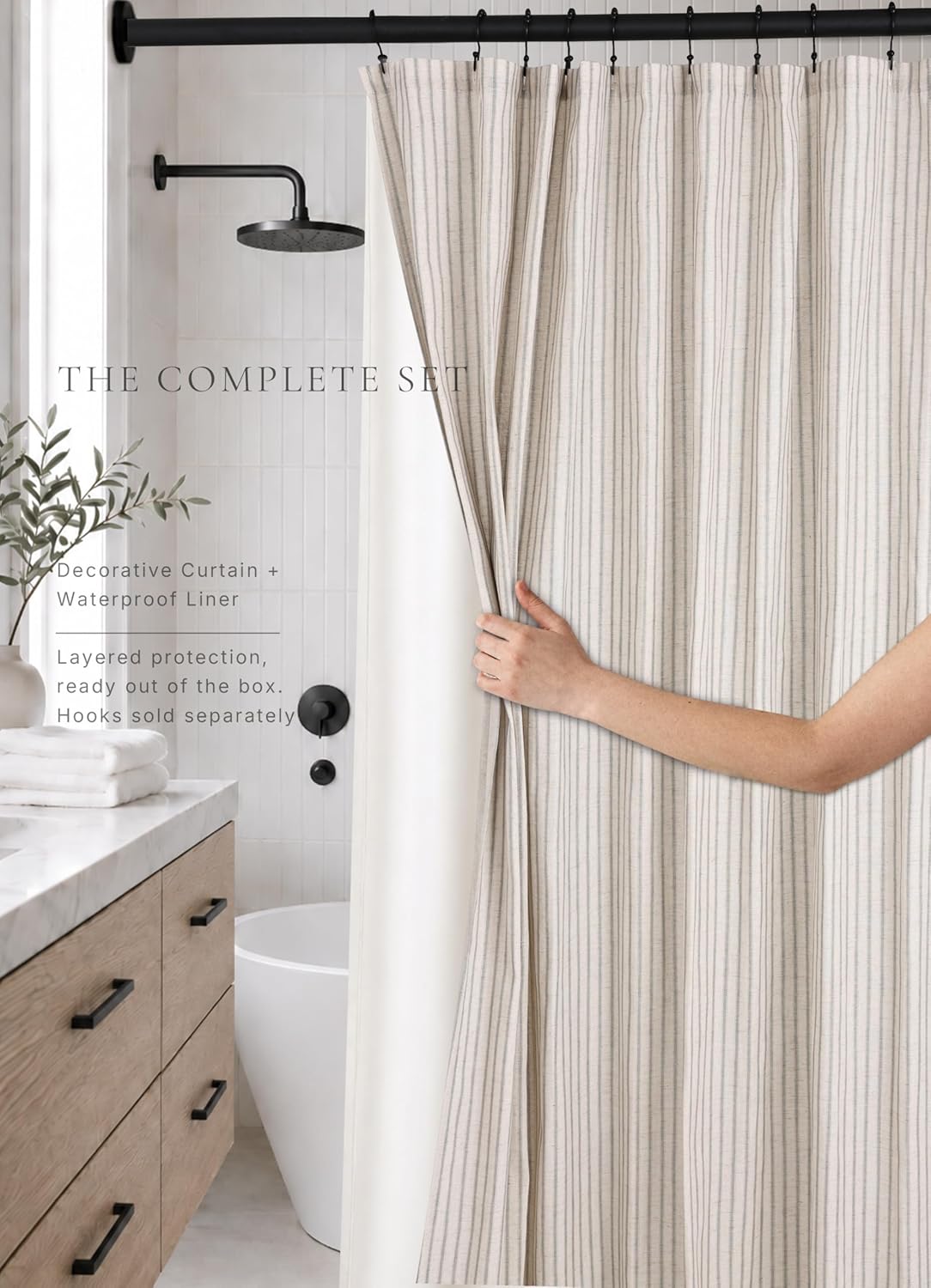 Farmhouse Striped Shower Curtain - 72x72 Inches, Linen Blend Fabric, Breathable & Machine Washable, Rustic Sage for Bathroom Decor (Hooks/Liner Not Included)