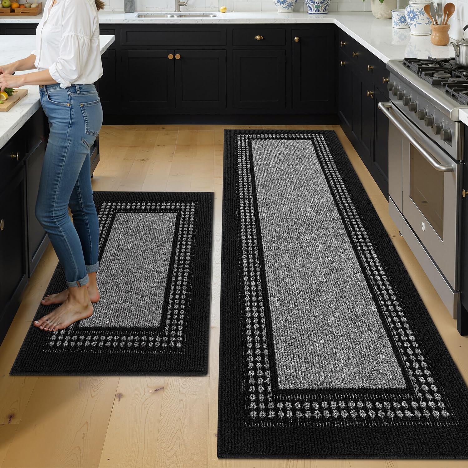 hicorfe Kitchen Runner Rugs,Set of 2 Non Slip Kitchen Mats for Floor,Vintage Stain Resistant Kitchen Mat Floor Carpet for Hallways Entryway Laundry Room Washable(20"x59"+20"x48",Grey)