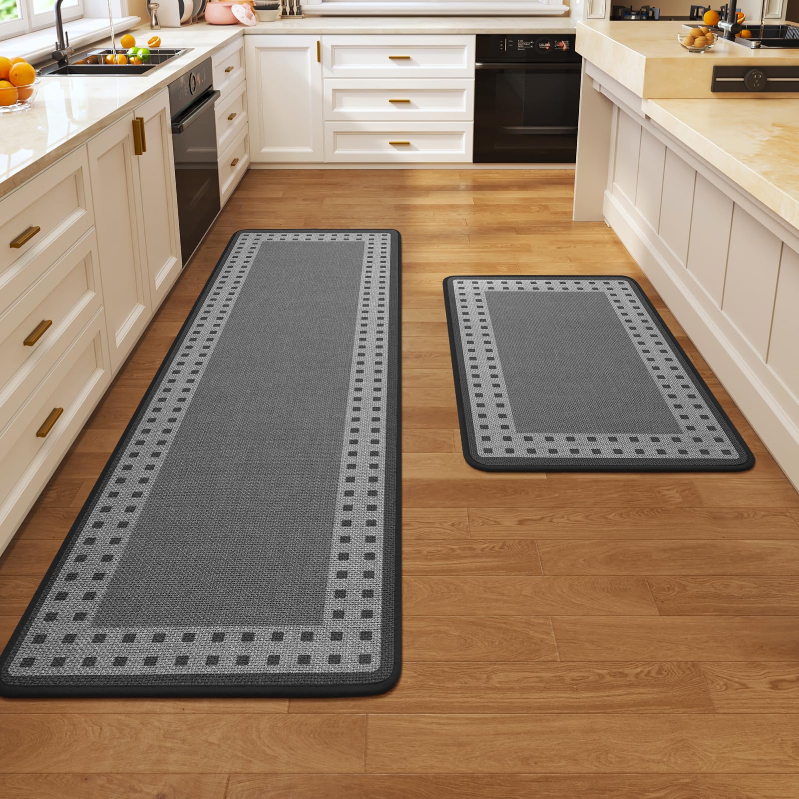 Kitchen Rugs Set of 2,Kitchen Mats for Floor, Runner Rugs Non Slip Washable Absorbent Kitchen Floor Mat, Braided Kitchen Sink Rug, 17''x30''+17''x47'' Brown