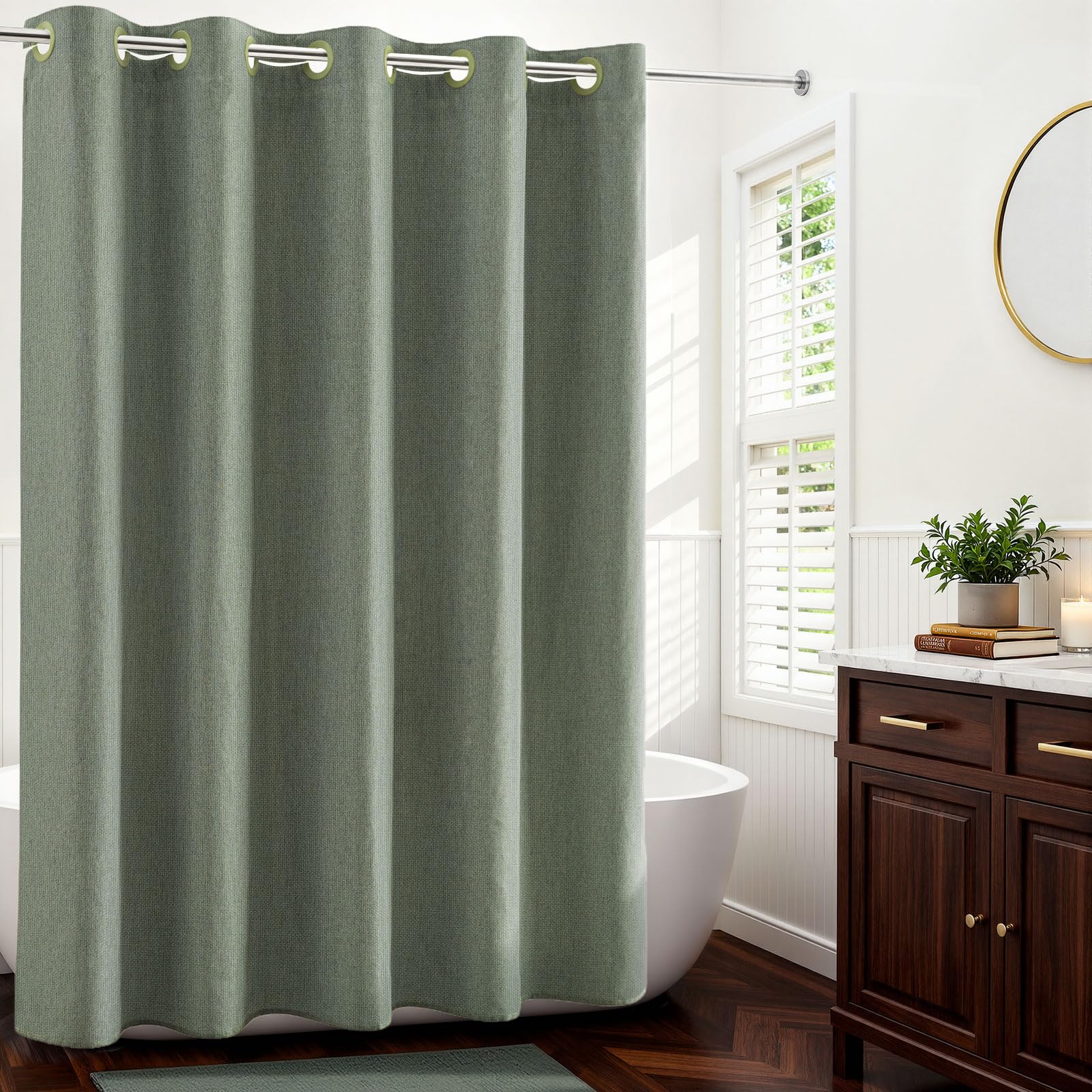 River Dream Linen Textured No Hook Shower Curtain with Snap-in Liner, Farmhouse Quick Dry Fabric Shower Curtain for Bathroom,Rustic Bathroom Set,See-Through Top Window,Water-Repellent,Linen,71Wx74L