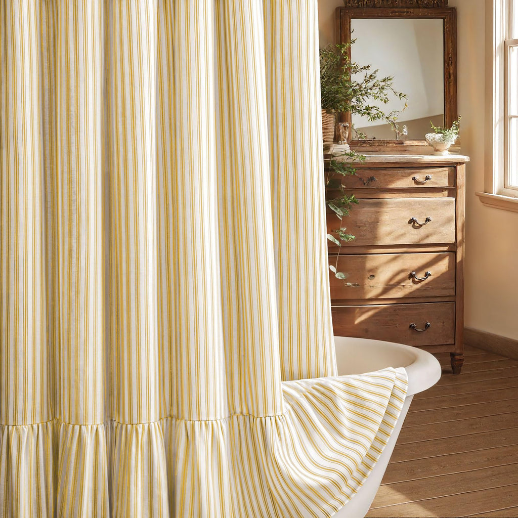 Beige Linen Farmhouse Ruffle Shower Curtain 72"×72", Rustic Boho Country Bathroom Fabric Curtain