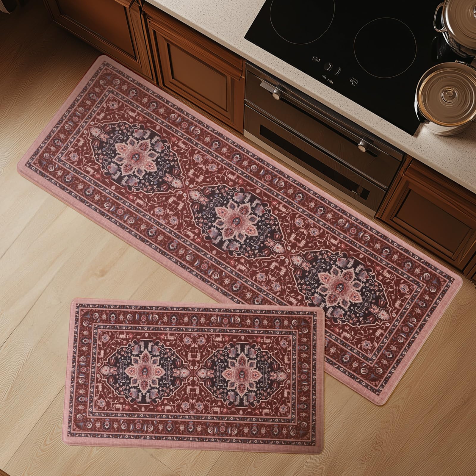 FRESHMINT Anti Fatigue Kitchen Mats for Floor 2 Piece Set, Waterproof & Non-Skid Vintage Floarl Kitchen Rugs, Cushioned Kitchen Mat for Standing Washable Comfort Desk Kitchen Runners, 17x30''+17x47''