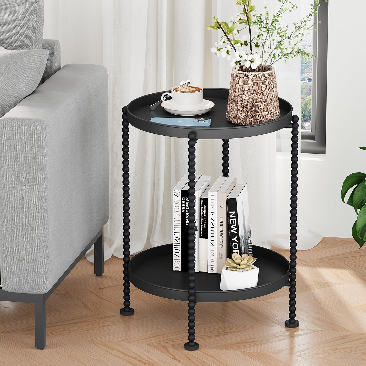 YINMIT 2 Tier End Table,Outdoor Metal Round Side Table,Waterproof Sofa Coffee Side Tables,Bedside Nightstand for Living Room, Bedroom, Office, Balcony