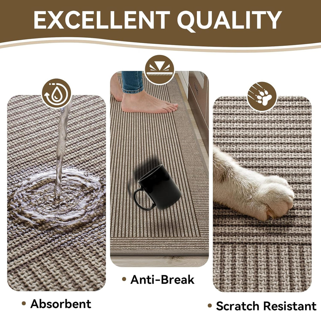 Kitchen Rugs Set of 2,Kitchen Mats for Floor, Runner Rugs Non Slip Washable Absorbent Kitchen Floor Mat, Braided Kitchen Sink Rug, 17''x30''+17''x47'' Brown
