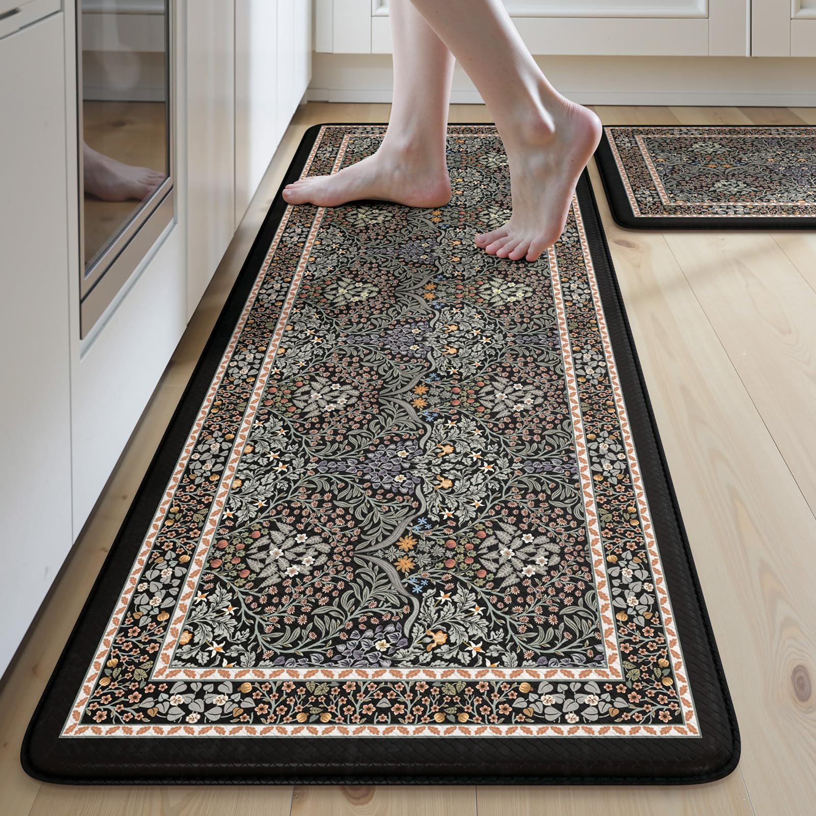 Collive Kitchen Mats for Floor 2PCS, Cushioned Anti Fatigue Mat Non Slip Waterproof Kitchen Sink Rugs, Washable Vintage Spring Floral Rug Comfort Standing Mat for Laundry, Desk, Bar, Office, Black