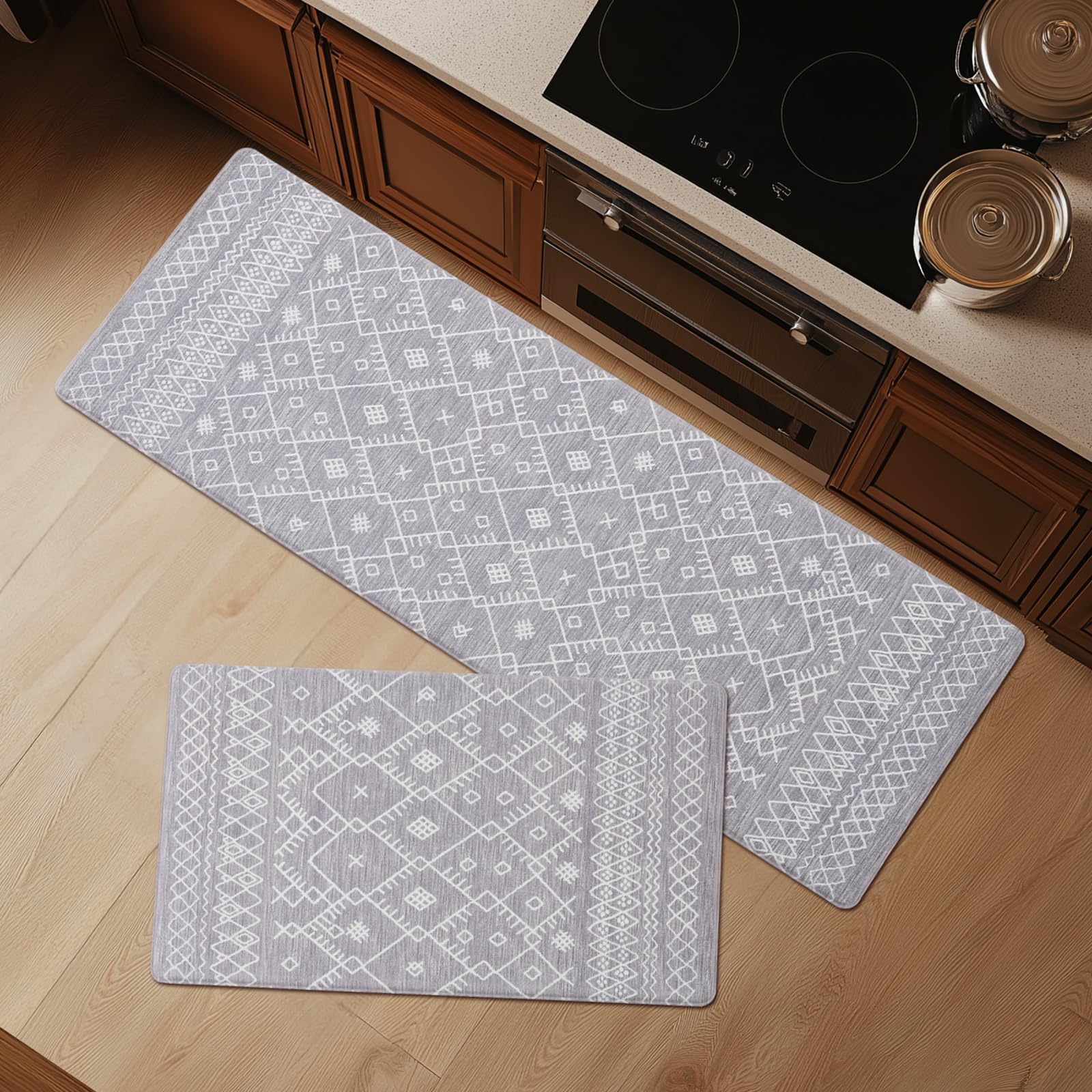 FRESHMINT Anti Fatigue Kitchen Mats for Floor 2 Piece Set, Waterproof & Non-Skid Vintage Floarl Kitchen Rugs, Cushioned Kitchen Mat for Standing Washable Comfort Desk Kitchen Runners, 17x30''+17x47''