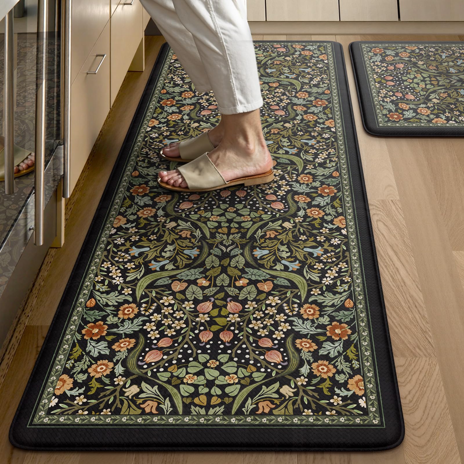 Collive Kitchen Mats for Floor 2PCS, Cushioned Anti Fatigue Mat Non Slip Waterproof Kitchen Sink Rugs, Washable Vintage Spring Floral Rug Comfort Standing Mat for Laundry, Desk, Bar, Office, Black