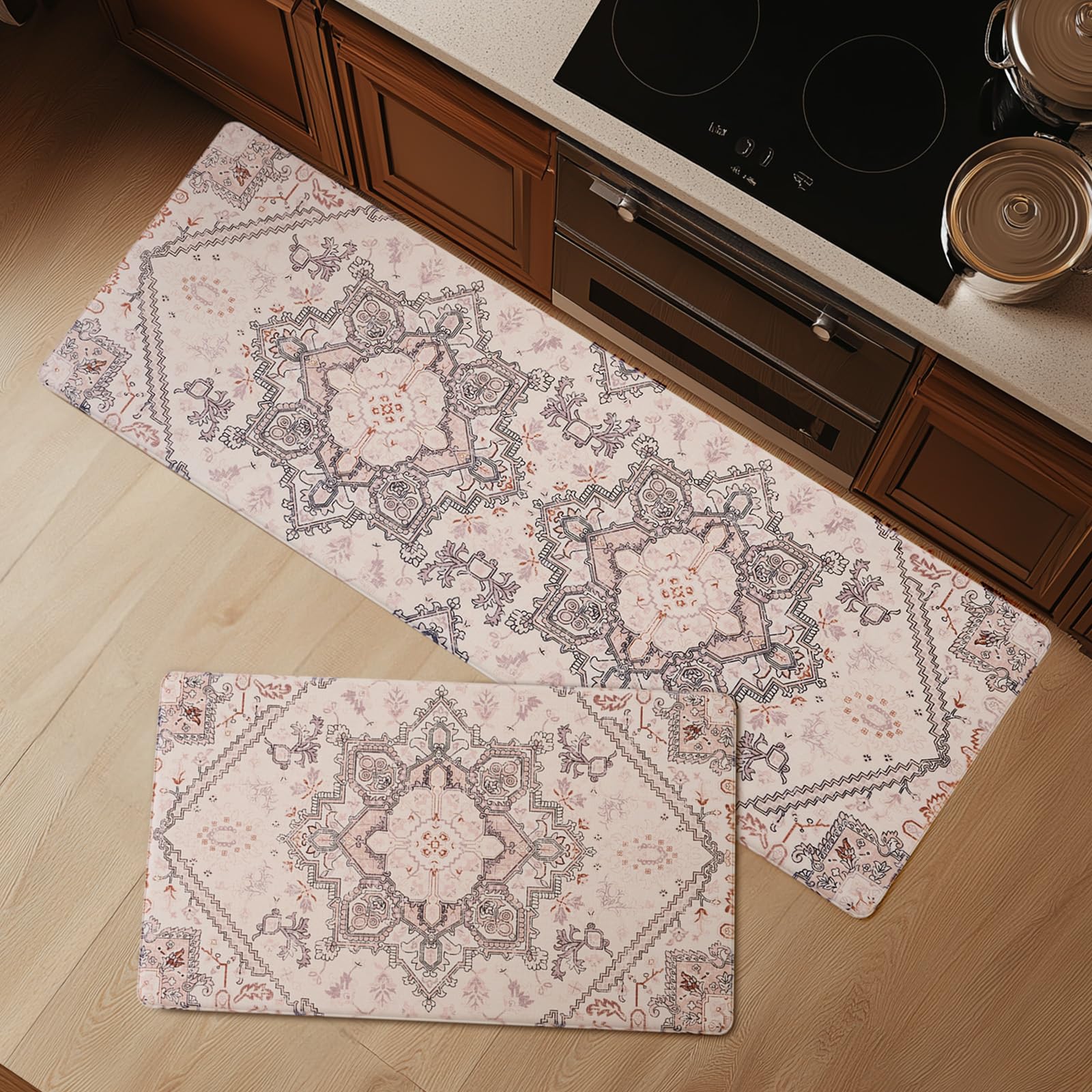 FRESHMINT Anti Fatigue Kitchen Mats for Floor 2 Piece Set, Waterproof & Non-Skid Vintage Floarl Kitchen Rugs, Cushioned Kitchen Mat for Standing Washable Comfort Desk Kitchen Runners, 17x30''+17x47''