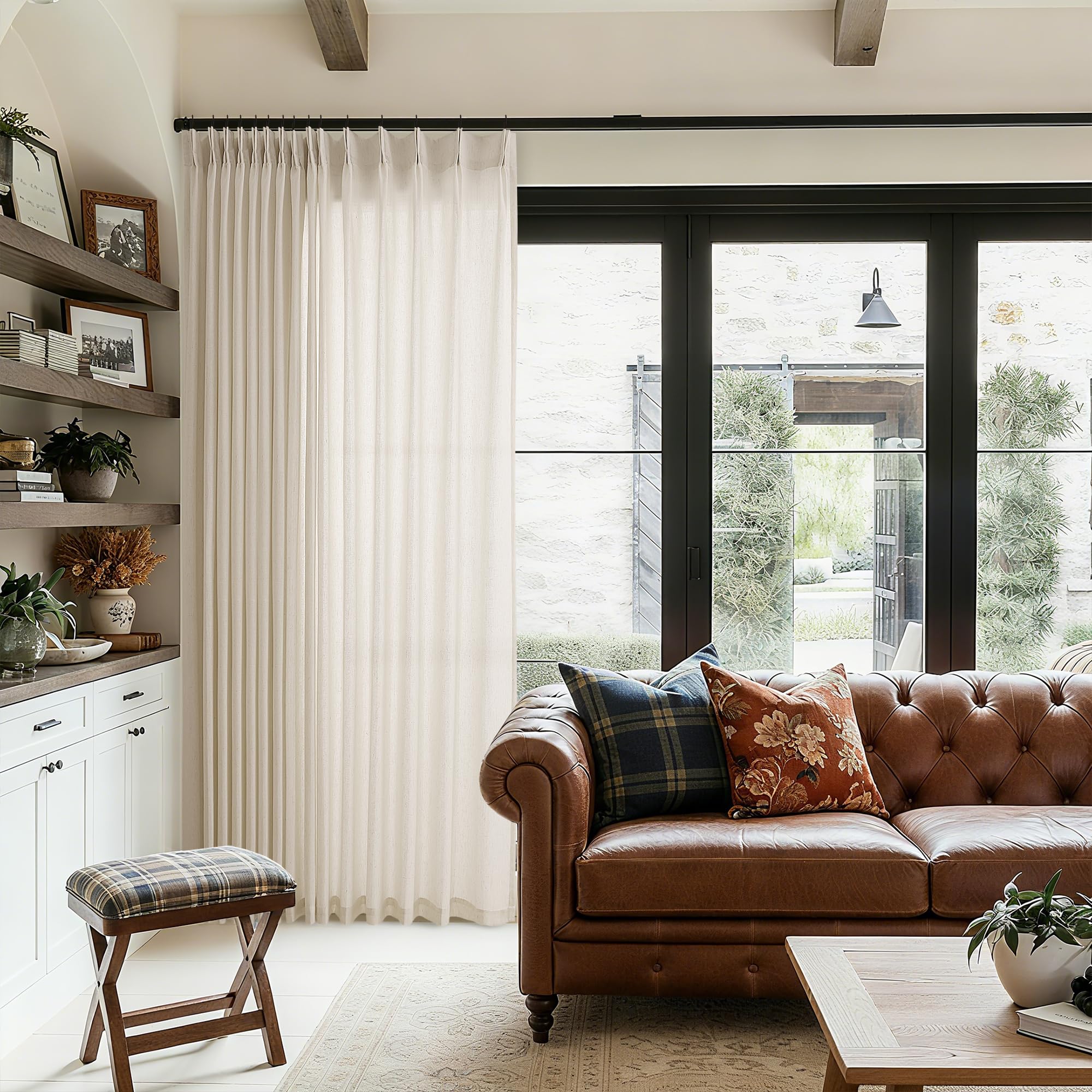 Natural Pinch Pleated Linen Curtains 72 Inches Long 72 Inch Wide for Living Room Bathroom Light Filtering Semi Sheer Shower Bath Curtain 72x72 Boho Neutral Pinch Pleated Drape Hooks Rings 1 Panel