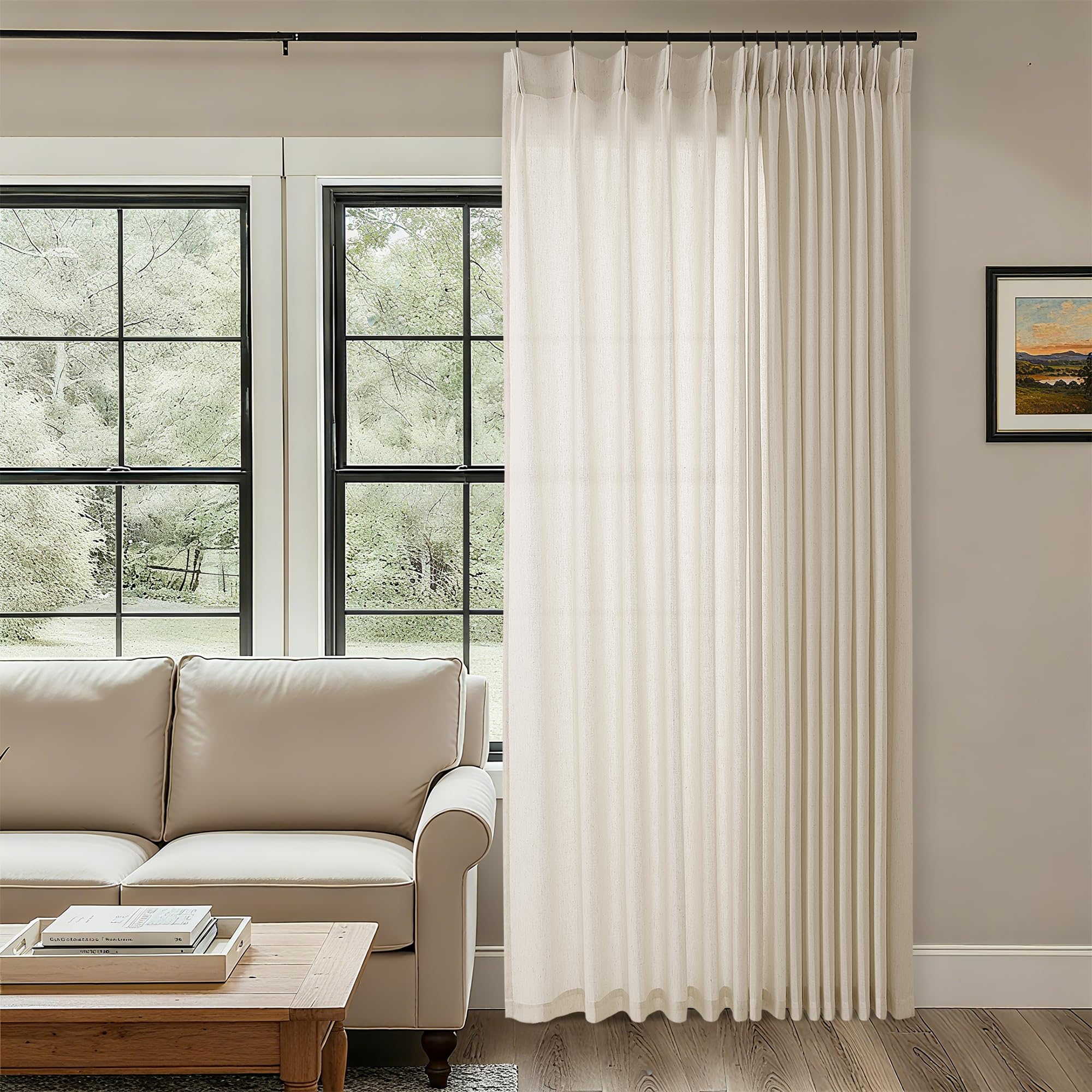 Natural Pinch Pleated Linen Curtains 72 Inches Long 72 Inch Wide for Living Room Bathroom Light Filtering Semi Sheer Shower Bath Curtain 72x72 Boho Neutral Pinch Pleated Drape Hooks Rings 1 Panel