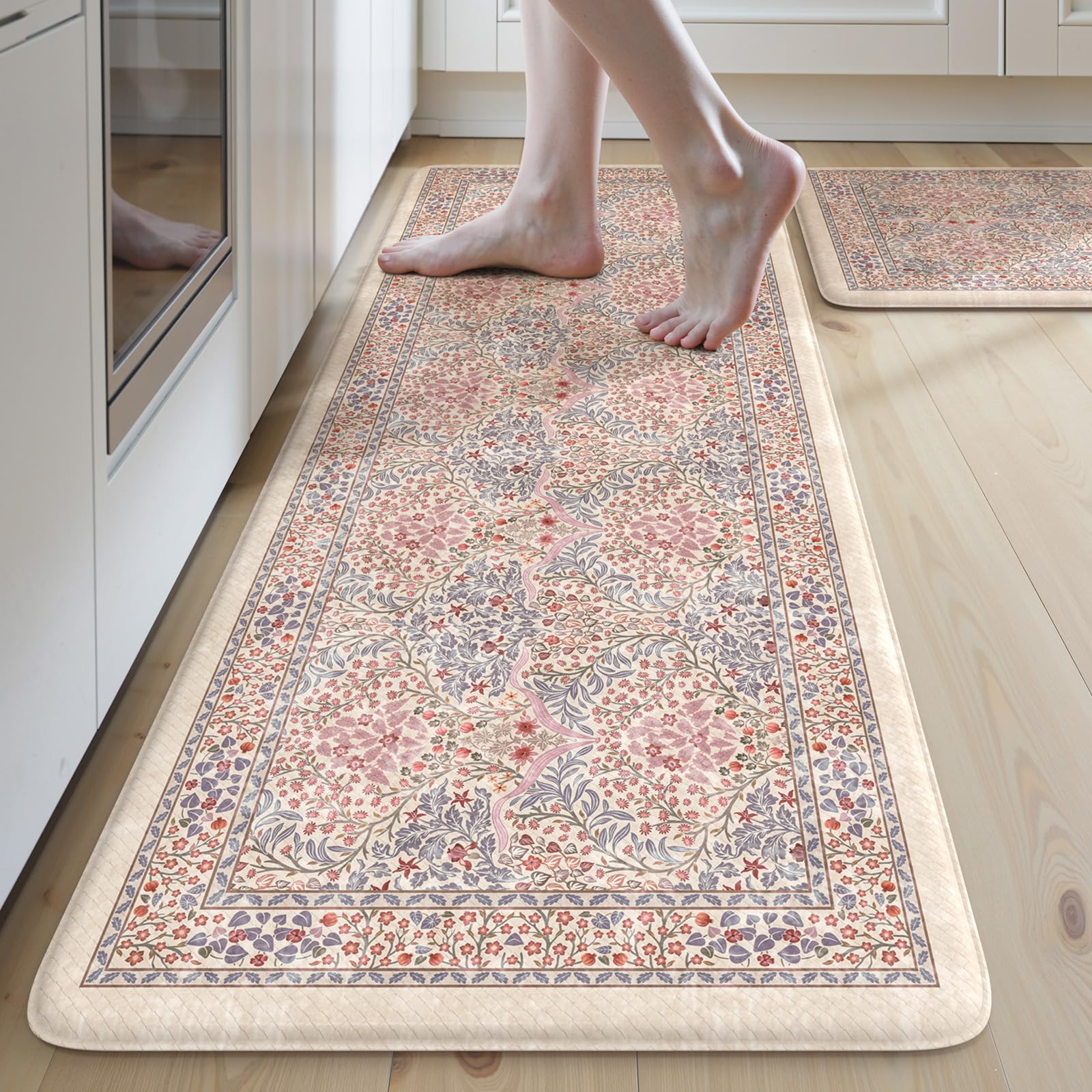 Collive Kitchen Mats for Floor 2PCS, Cushioned Anti Fatigue Mat Non Slip Waterproof Kitchen Sink Rugs, Washable Vintage Spring Floral Rug Comfort Standing Mat for Laundry, Desk, Bar, Office, Black