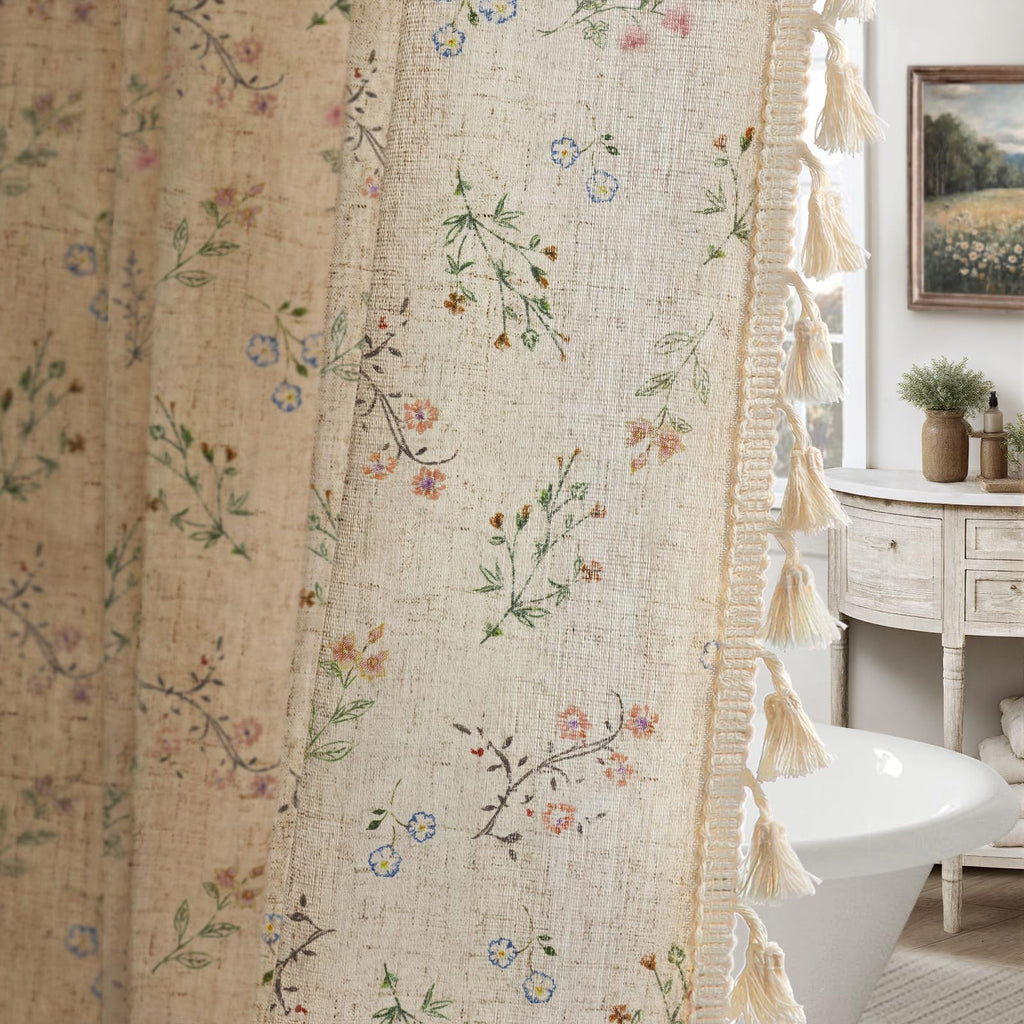 Floral Farmhouse Vintage Linen Shower Curtain, French Country Spring Shower Curtains for Bathroom, 72Wx72H