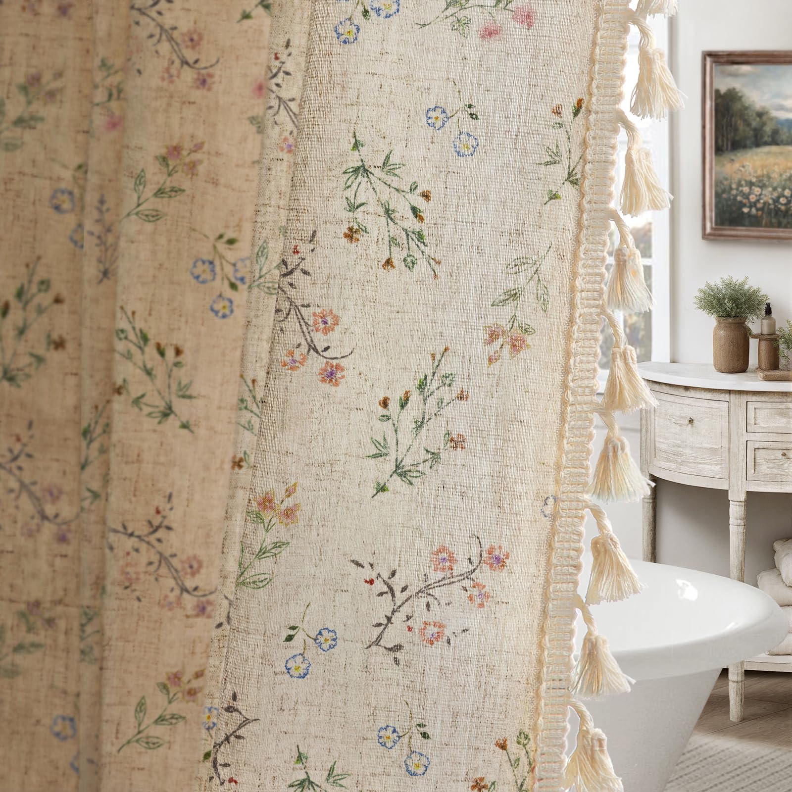 Floral Farmhouse Vintage Linen Shower Curtain, French Country Spring Shower Curtains for Bathroom, 72Wx72H