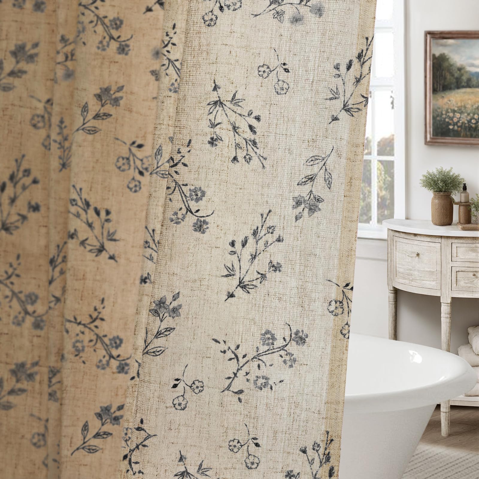 Floral Farmhouse Vintage Linen Shower Curtain, French Country Spring Shower Curtains for Bathroom, 72Wx72H
