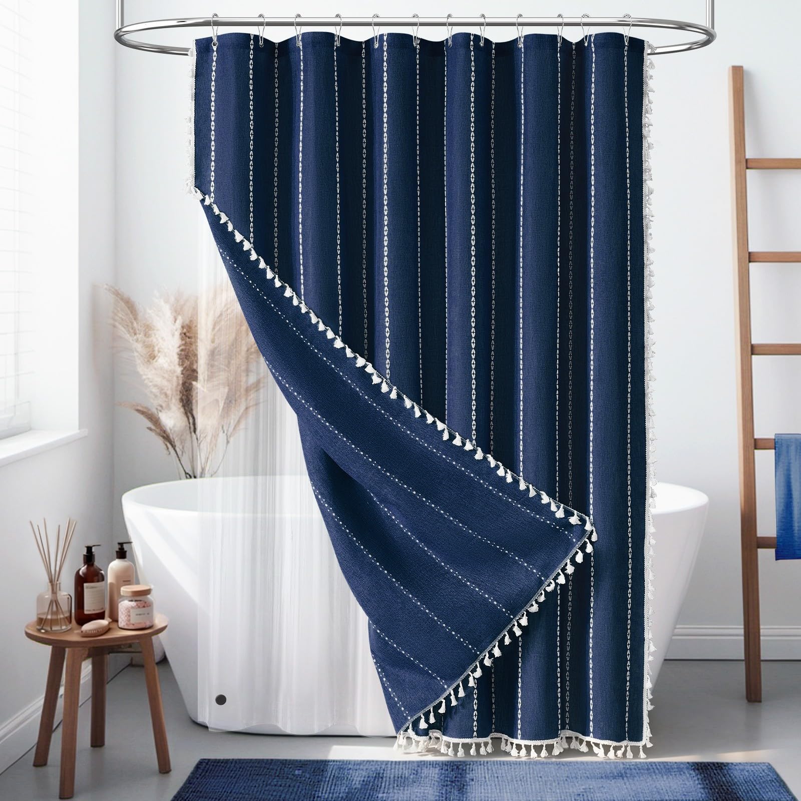 BTTN Boho Farmhouse Shower Curtain, Linen Rustic Weighted Striped Cloth Shower Curtain Set with Tassel, Water Repellent, Bohemian Vintage Country Fabric Shower Curtain for Bathroom, Cream/Beige, 72x72