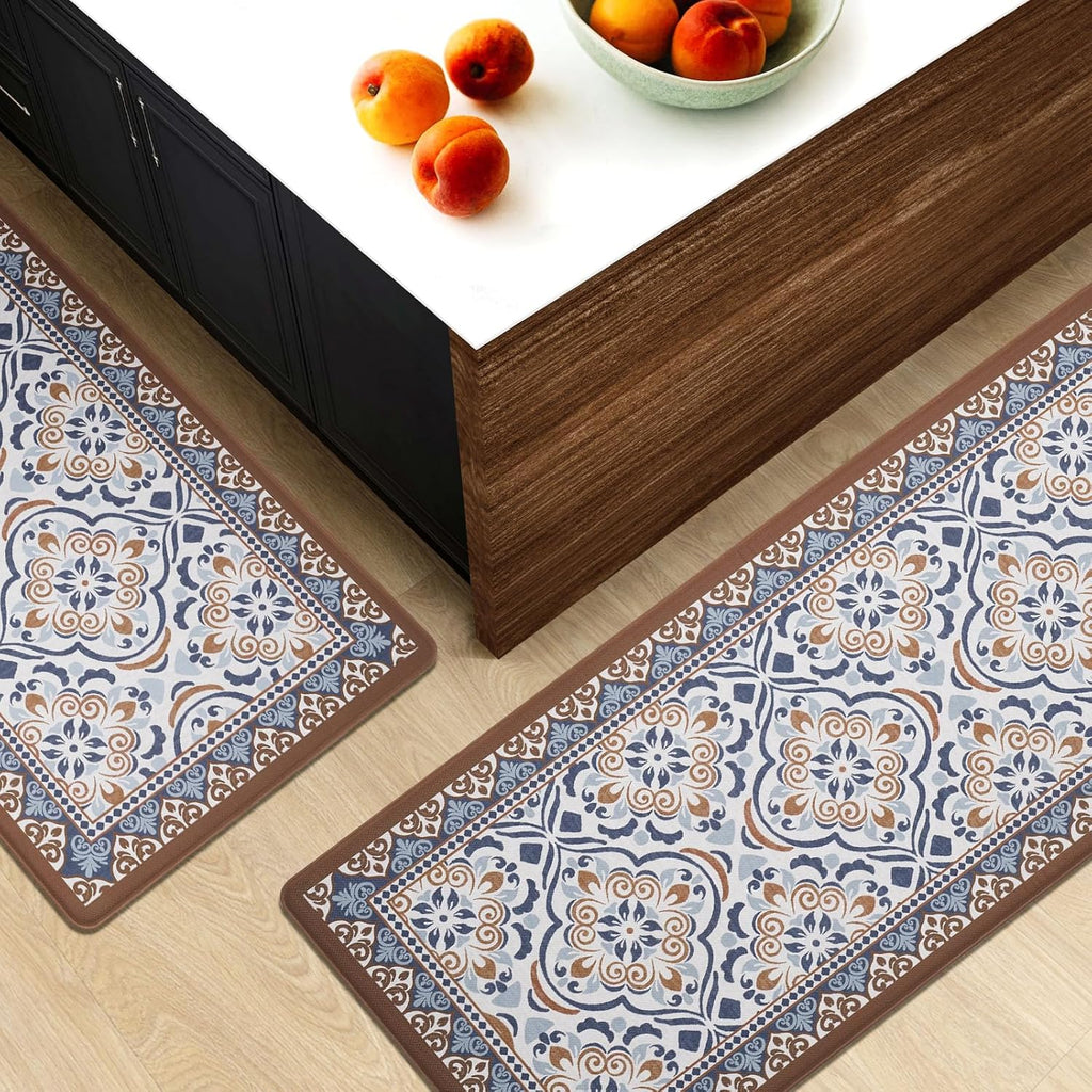 2-Piece Moroccan Tile Anti-Fatigue Kitchen Mat Set, Waterproof Non-Skid Washable Floor Rug 17"×30"+17"×47"