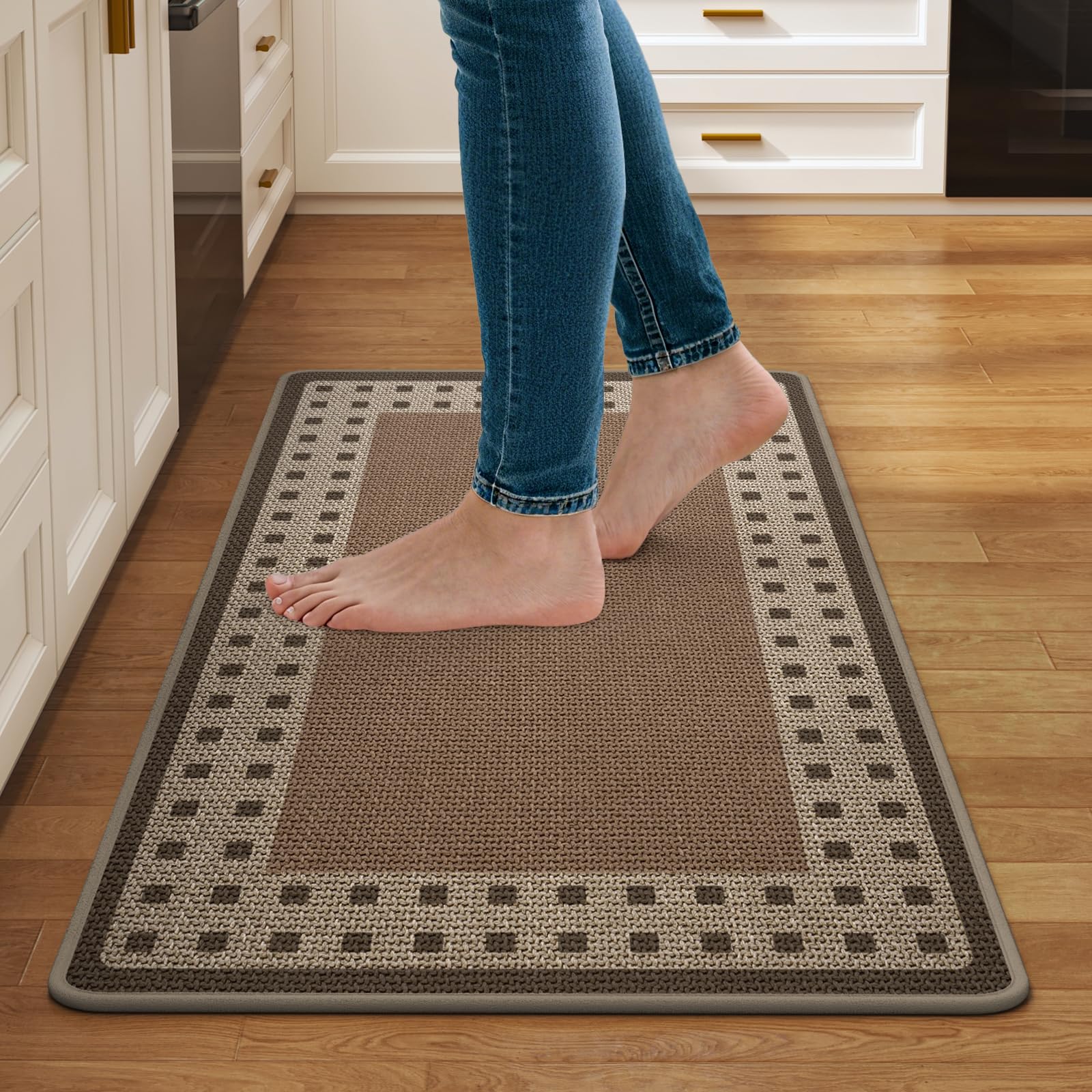 Kitchen Rugs Set of 2,Kitchen Mats for Floor, Runner Rugs Non Slip Washable Absorbent Kitchen Floor Mat, Braided Kitchen Sink Rug, 17''x30''+17''x47'' Brown