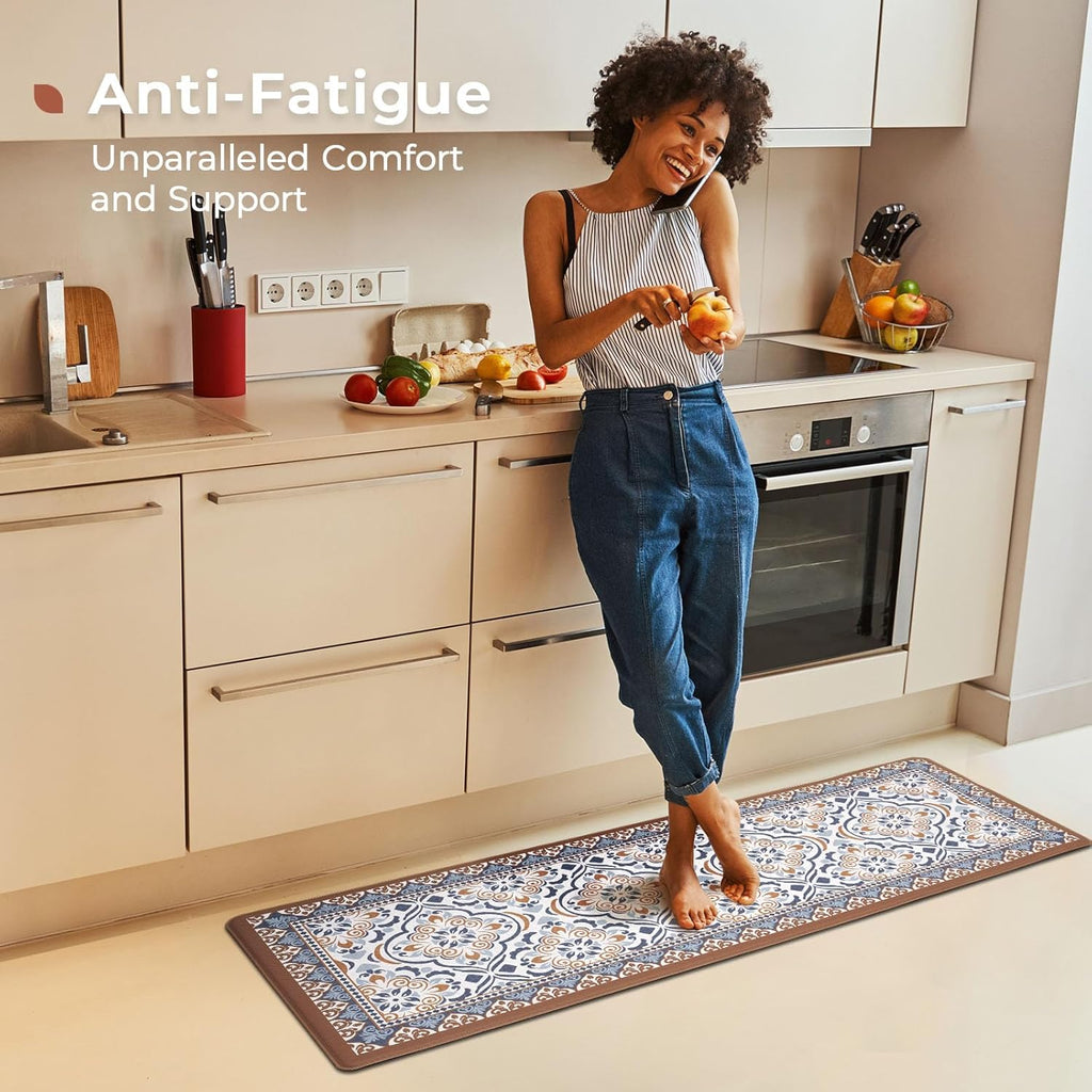 2-Piece Moroccan Tile Anti-Fatigue Kitchen Mat Set, Waterproof Non-Skid Washable Floor Rug 17"×30"+17"×47"