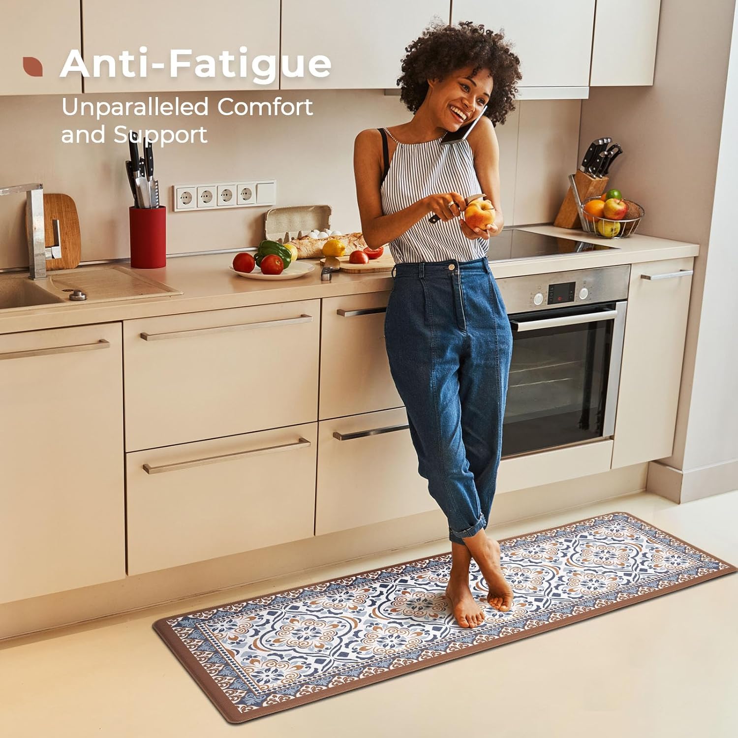 2-Piece Moroccan Tile Anti-Fatigue Kitchen Mat Set, Waterproof Non-Skid Washable Floor Rug 17"×30"+17"×47"