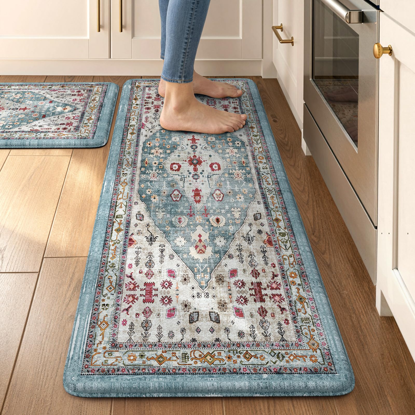 Collive Boho Kitchen Mats 2PCS, Cushioned Kitchen Mat for Floor Anti Fatigue Waterproof Kitchens Rugs Set of 2, Non Skid Comfort Standing Rug for Office, Sink, Laundry, 17.3"x29"+17.3"x47"
