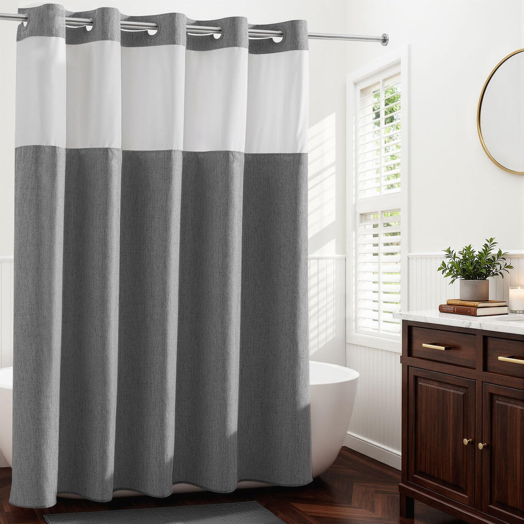 River Dream Linen Textured No Hook Shower Curtain with Snap-in Liner, Farmhouse Quick Dry Fabric Shower Curtain for Bathroom,Rustic Bathroom Set,See-Through Top Window,Water-Repellent,Linen,71Wx74L
